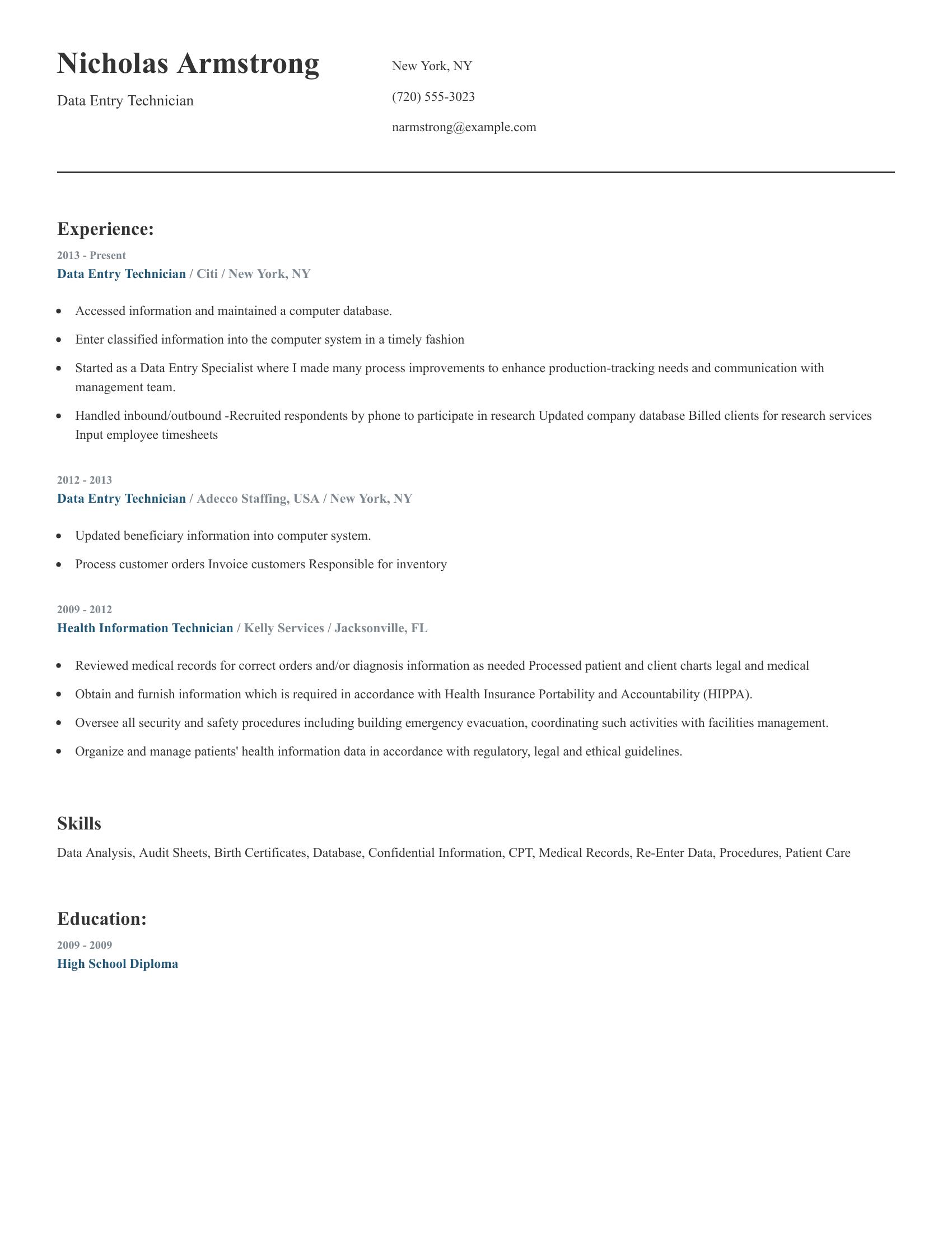 Data Entry Technician resume example
