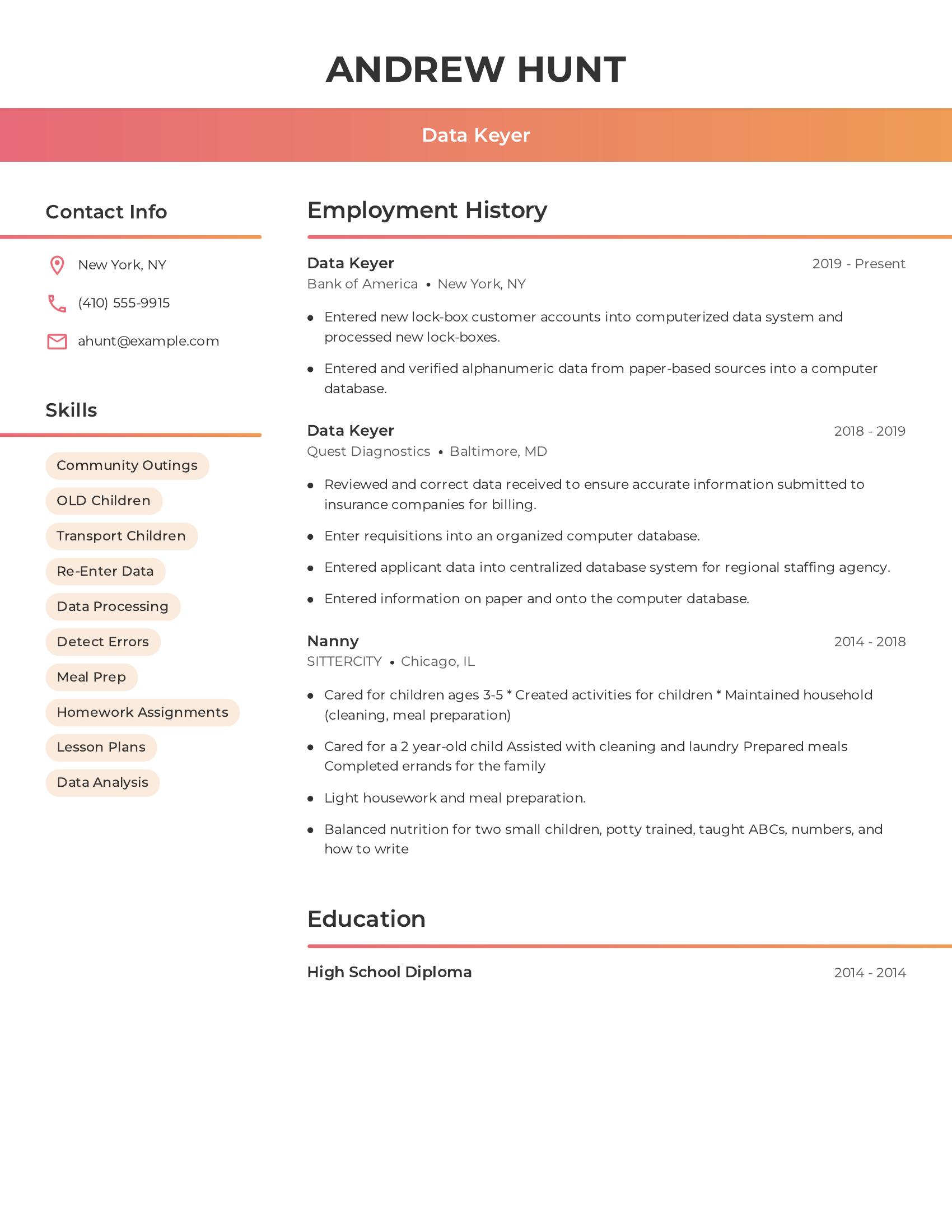 Data Keyer resume example