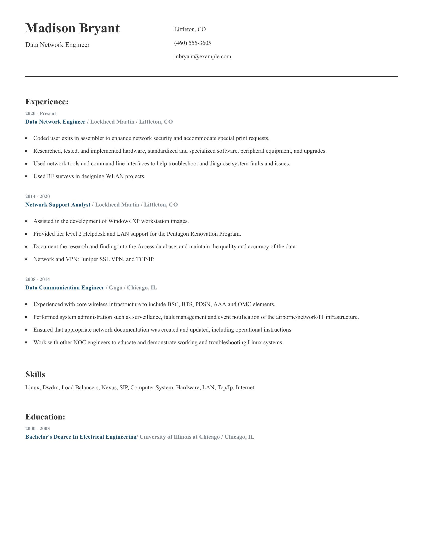 Data Network Engineer resume example
