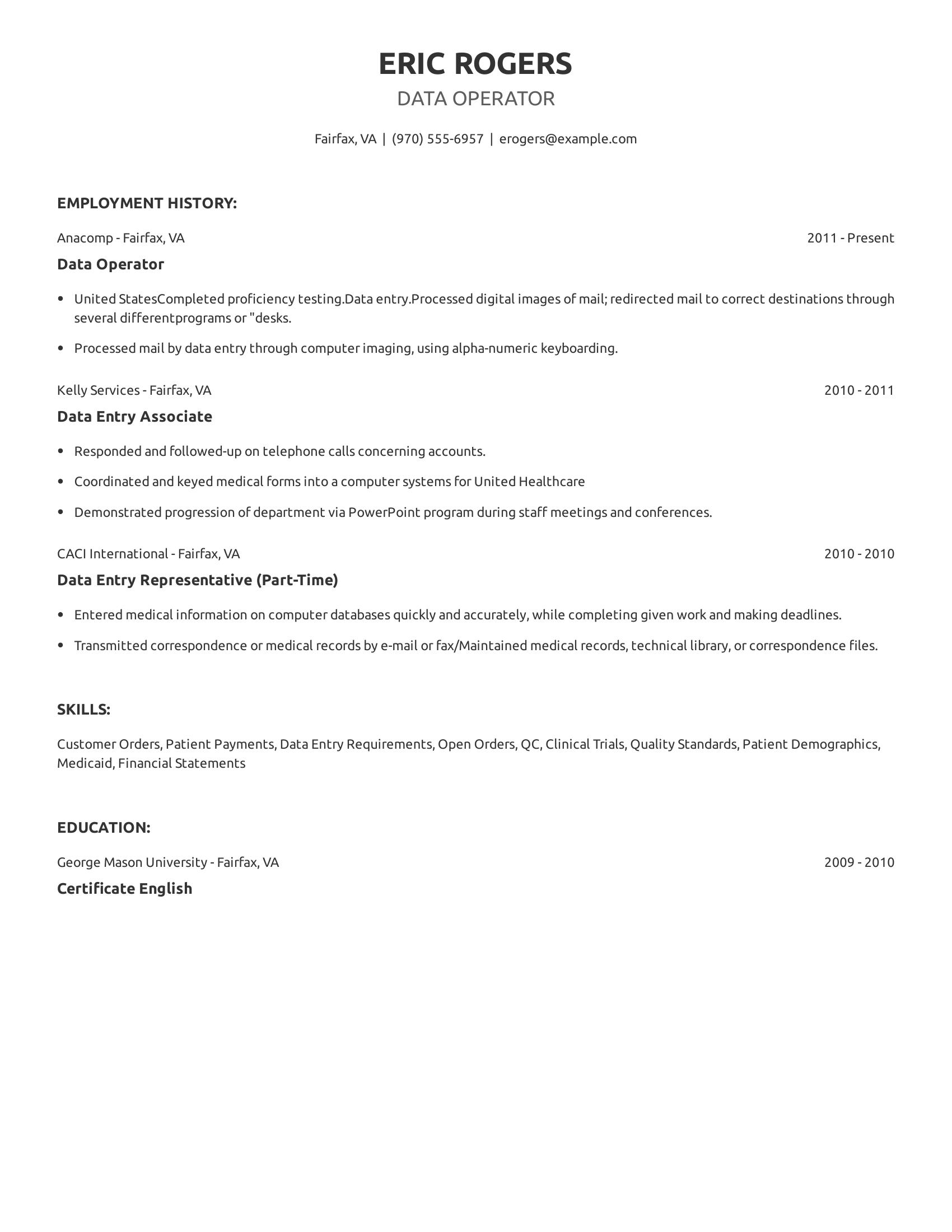 Data Operator resume example