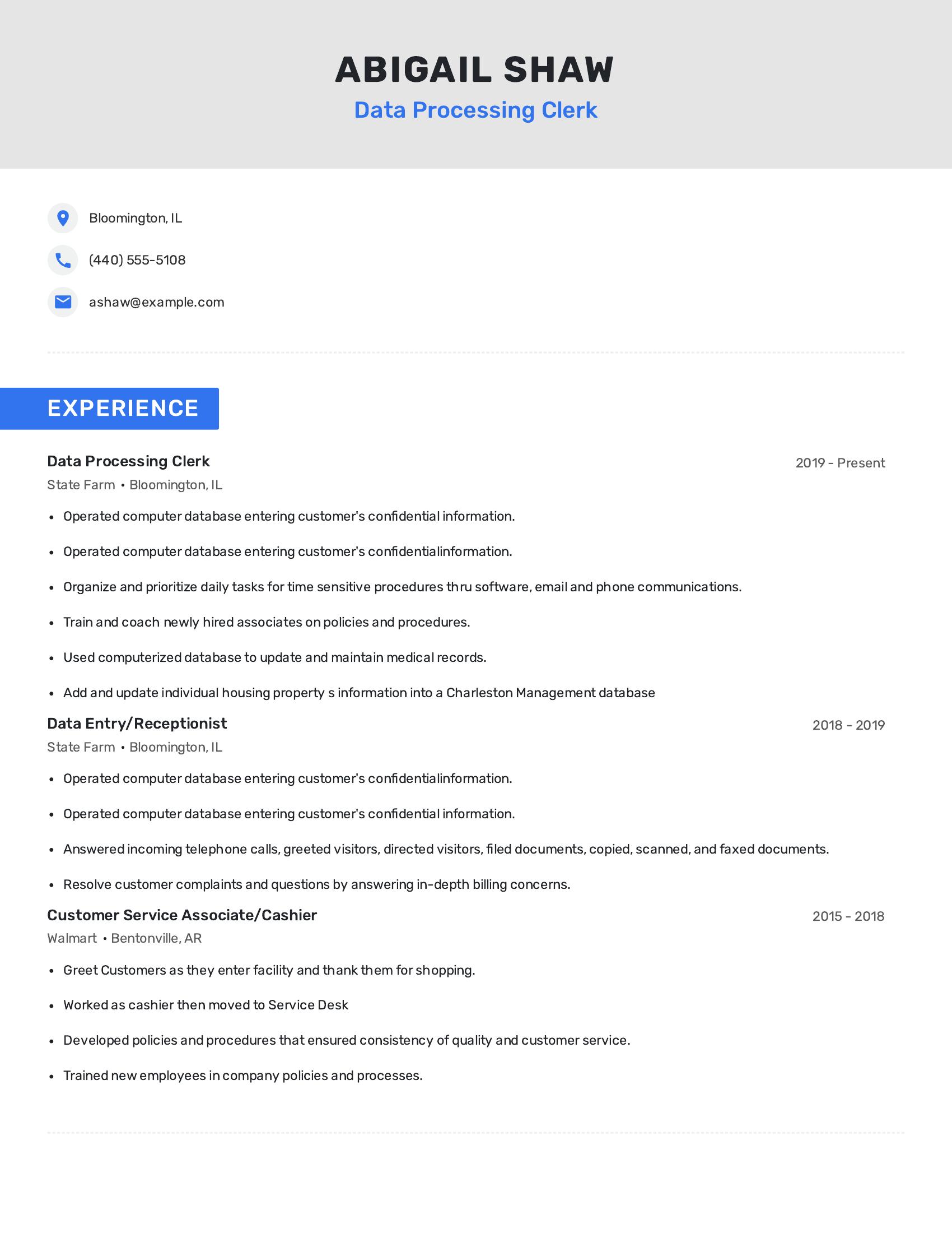 Data Processing Clerk resume example