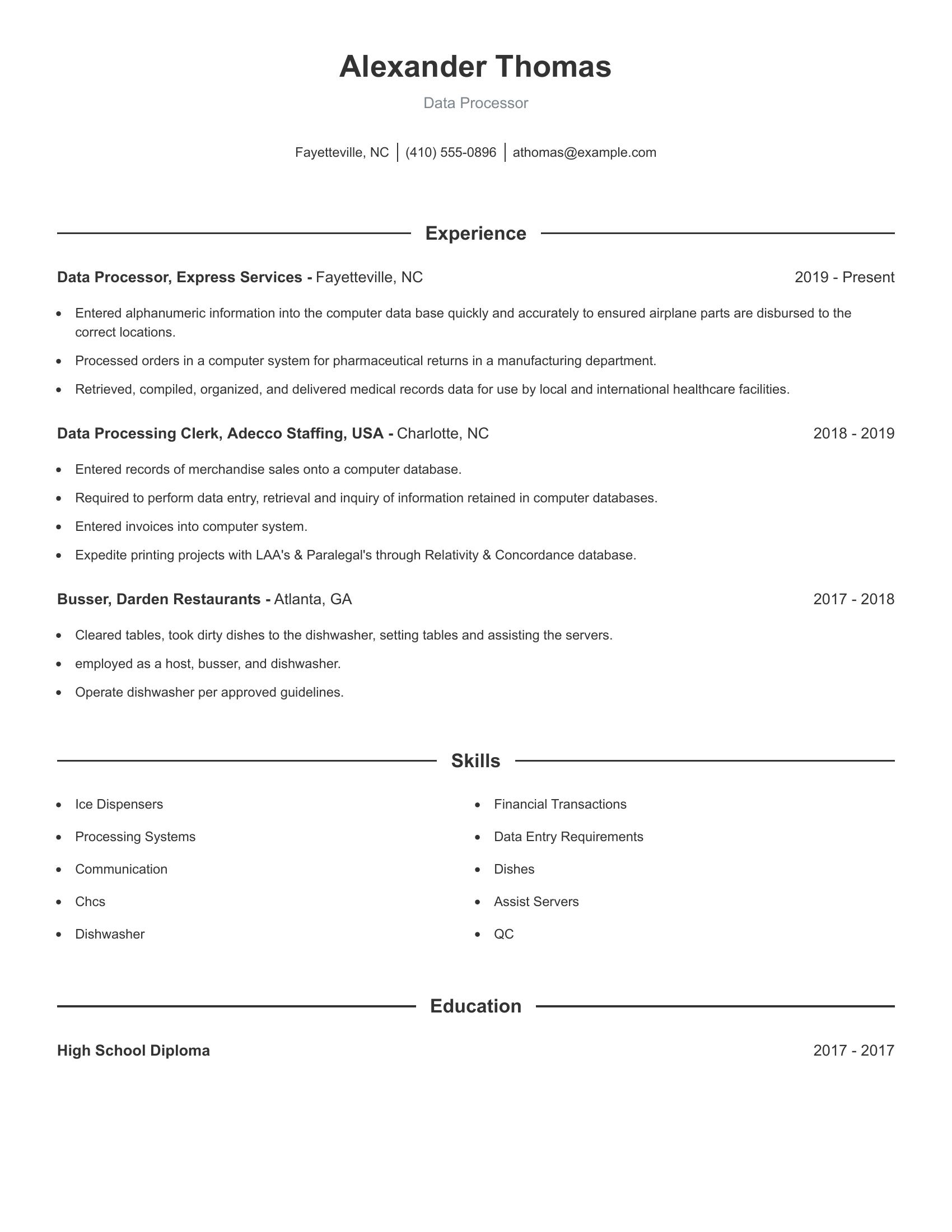 Data Processor resume example