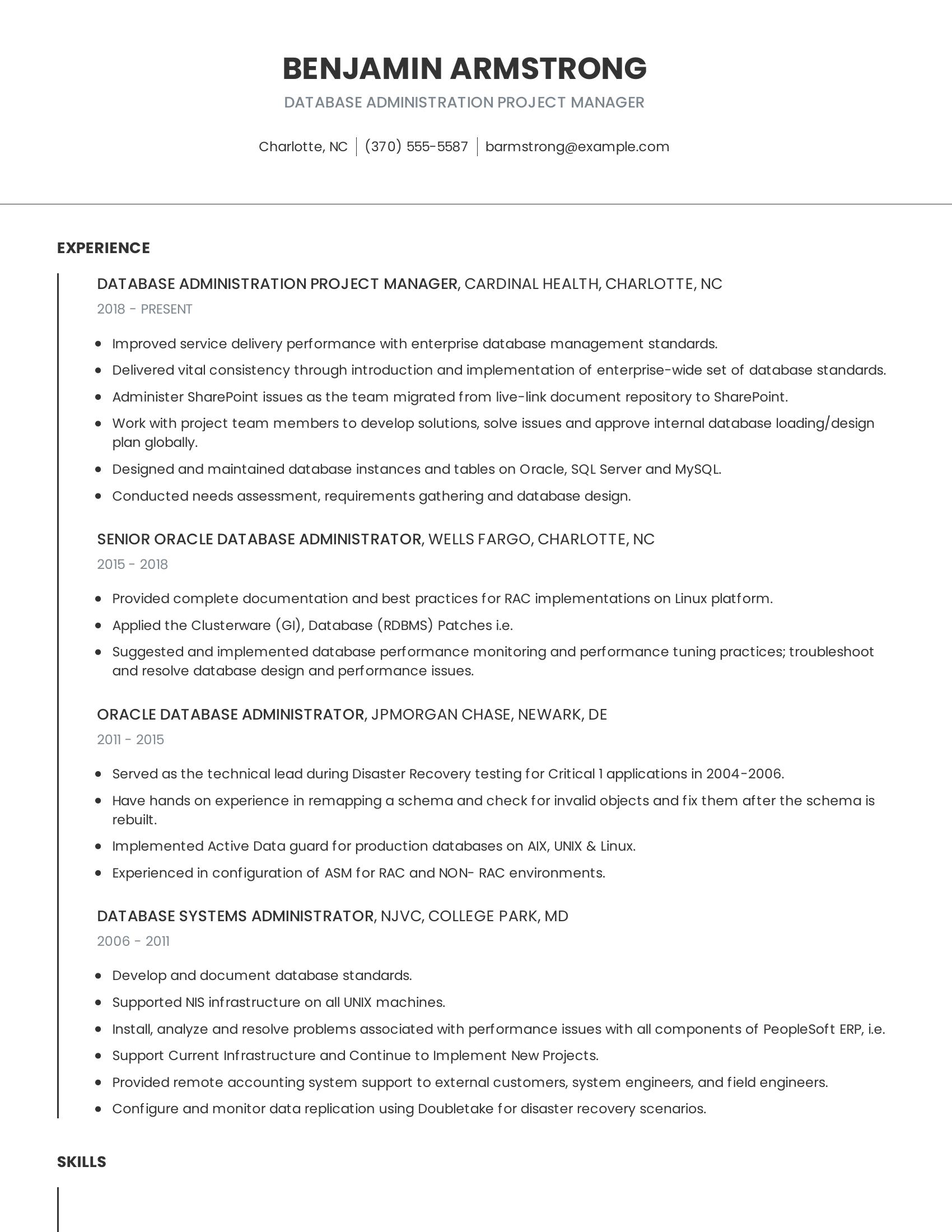 Database Administration Project Manager resume example