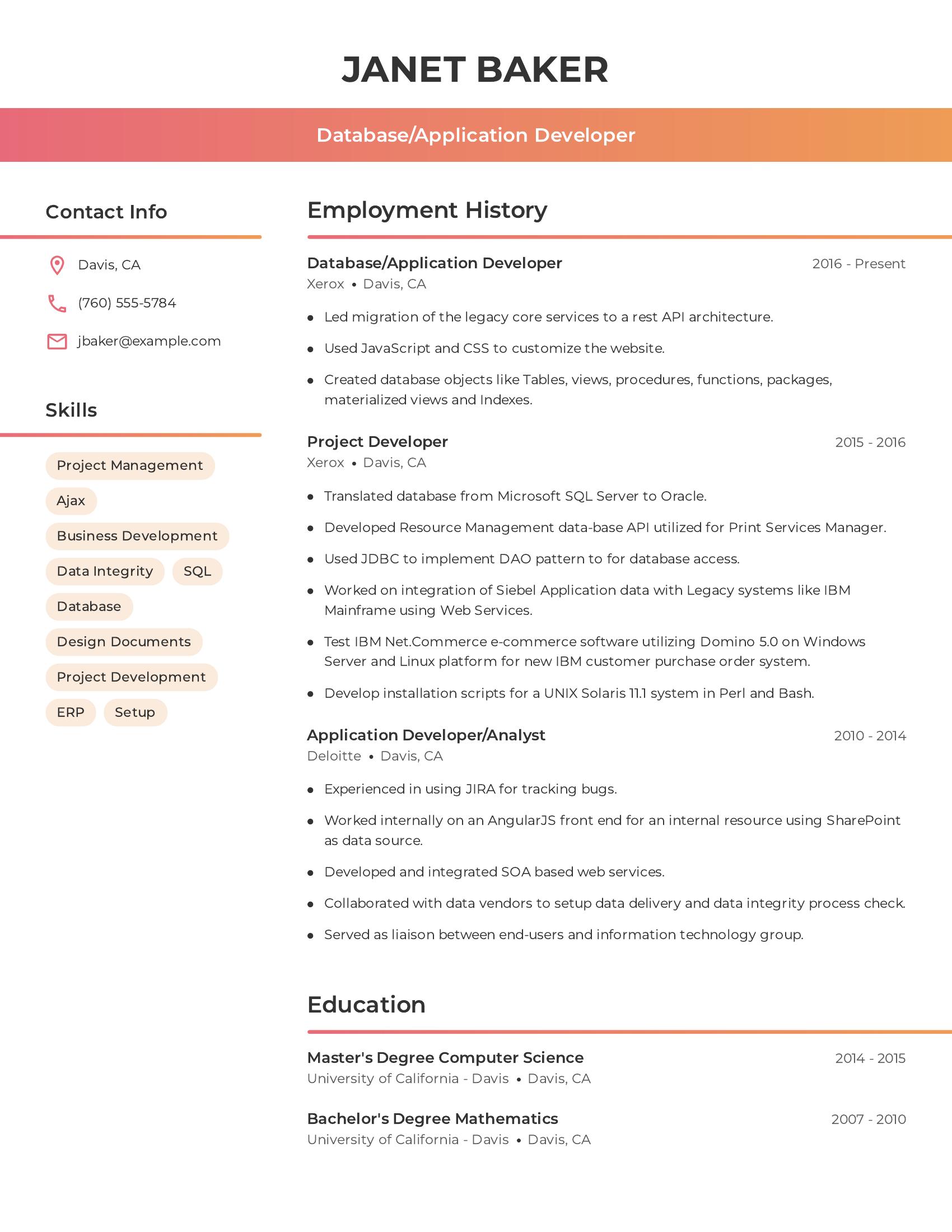 Database/Application Developer resume example