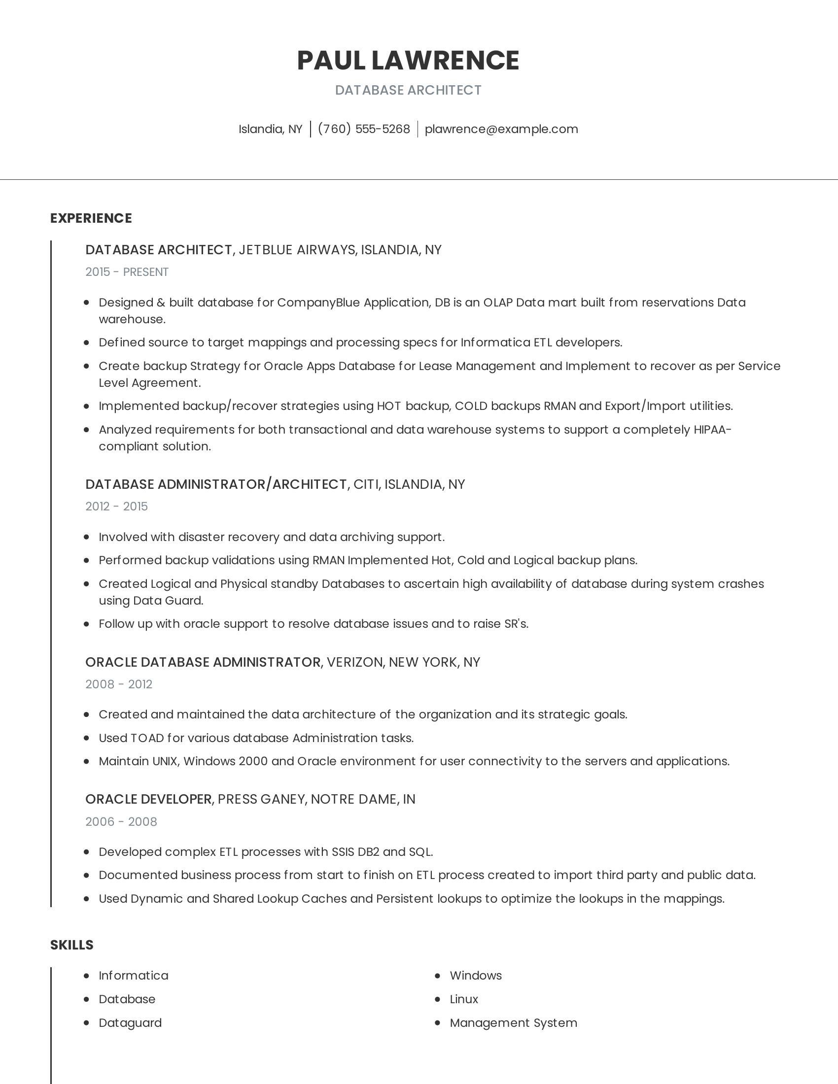 Database Architect resume example