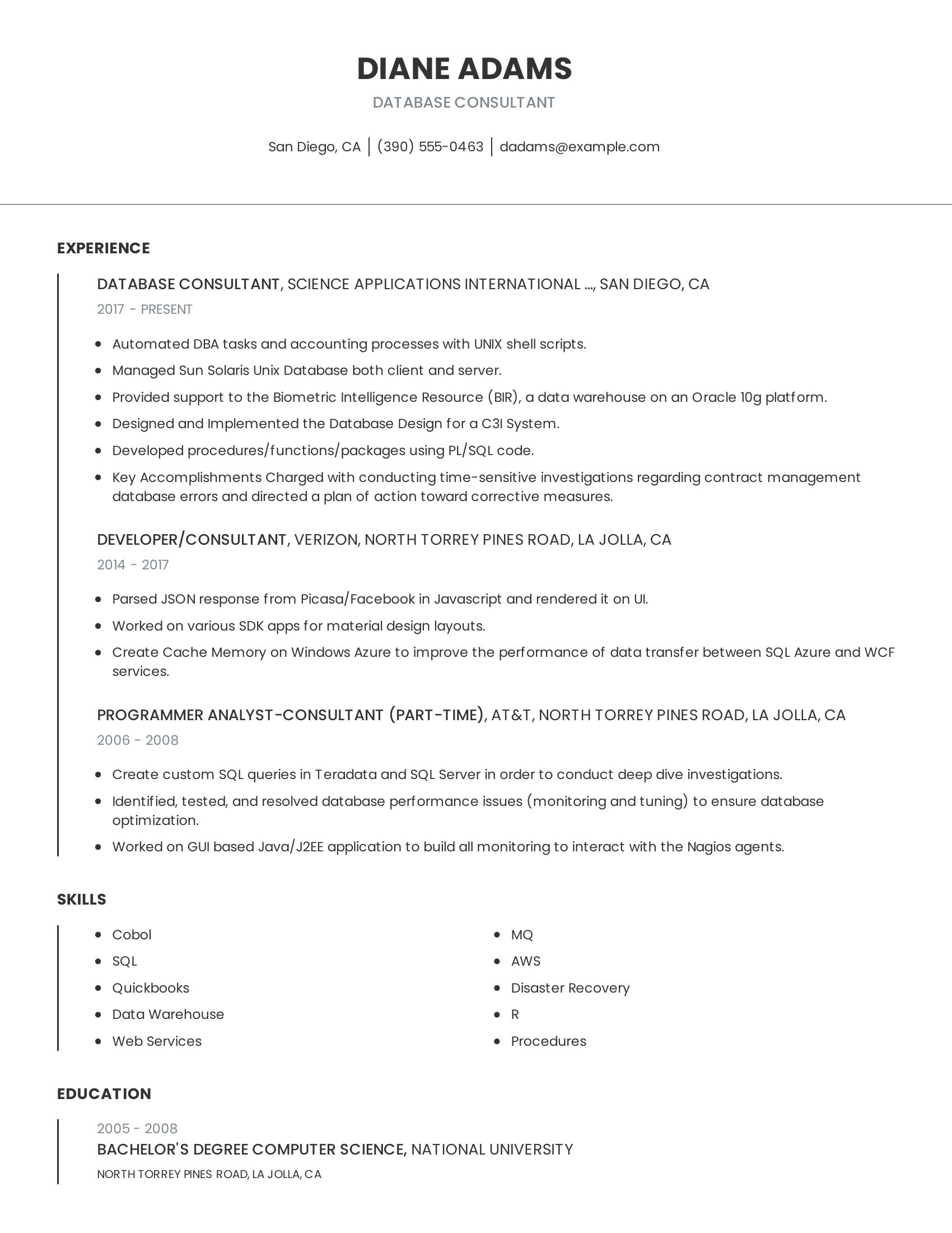 Database Consultant resume example