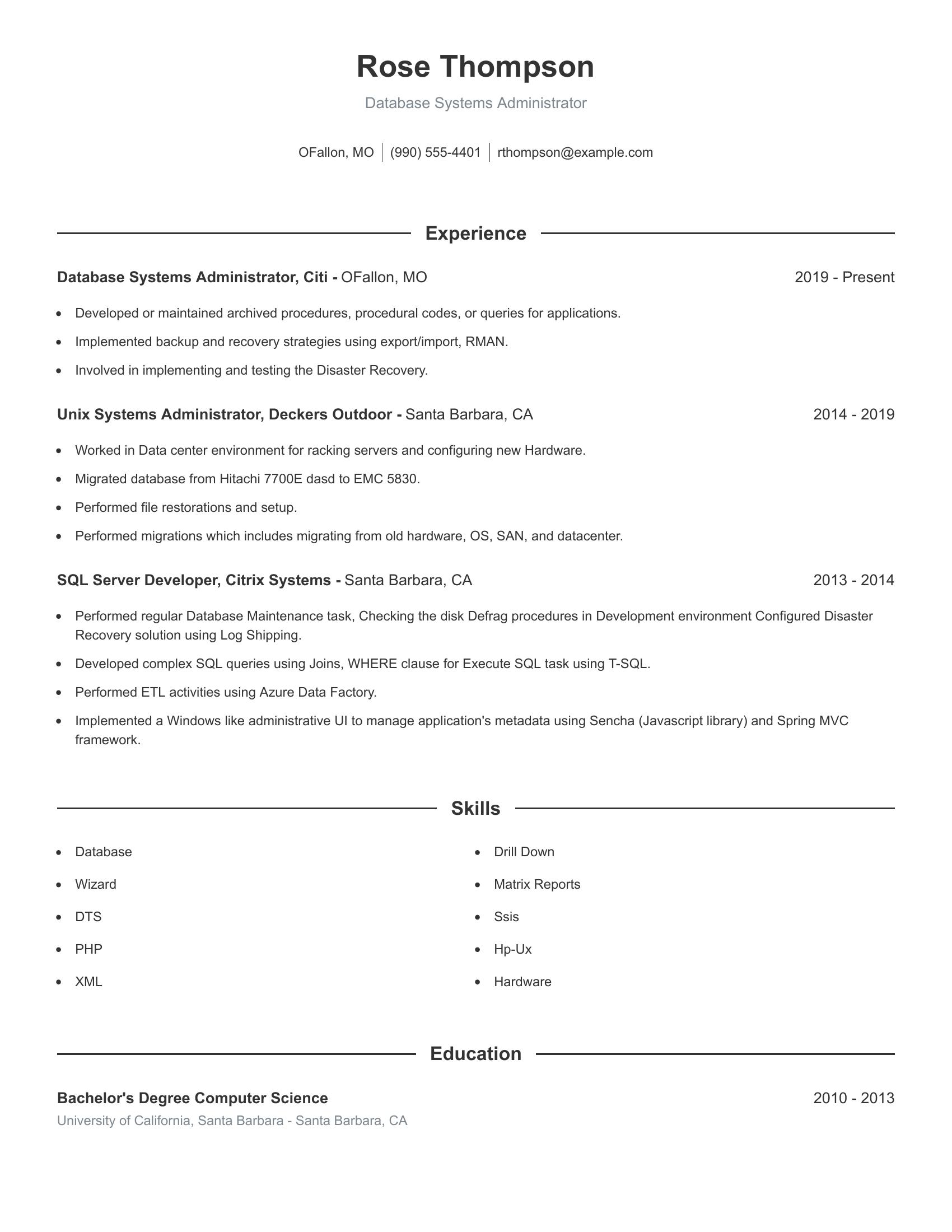 Database Systems Administrator resume example