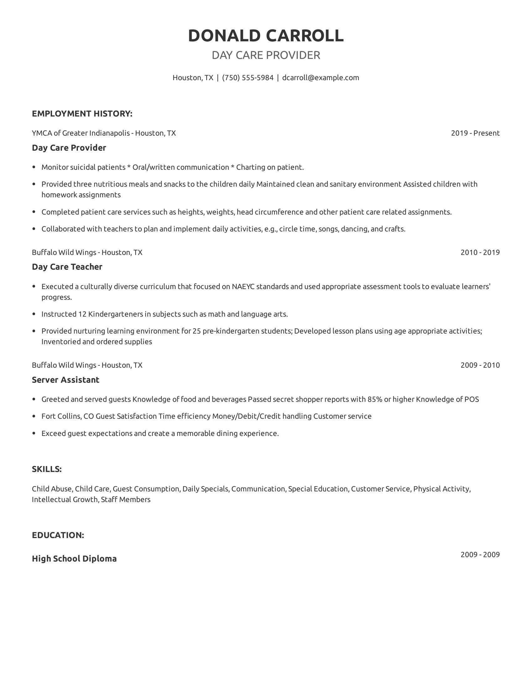 Day Care Provider resume example