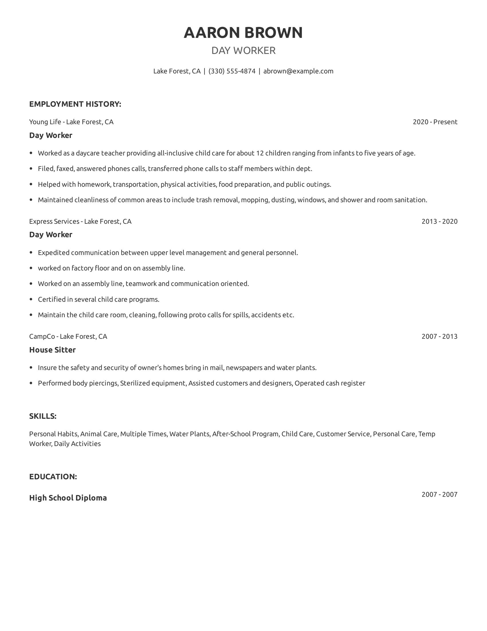 Day Worker resume example