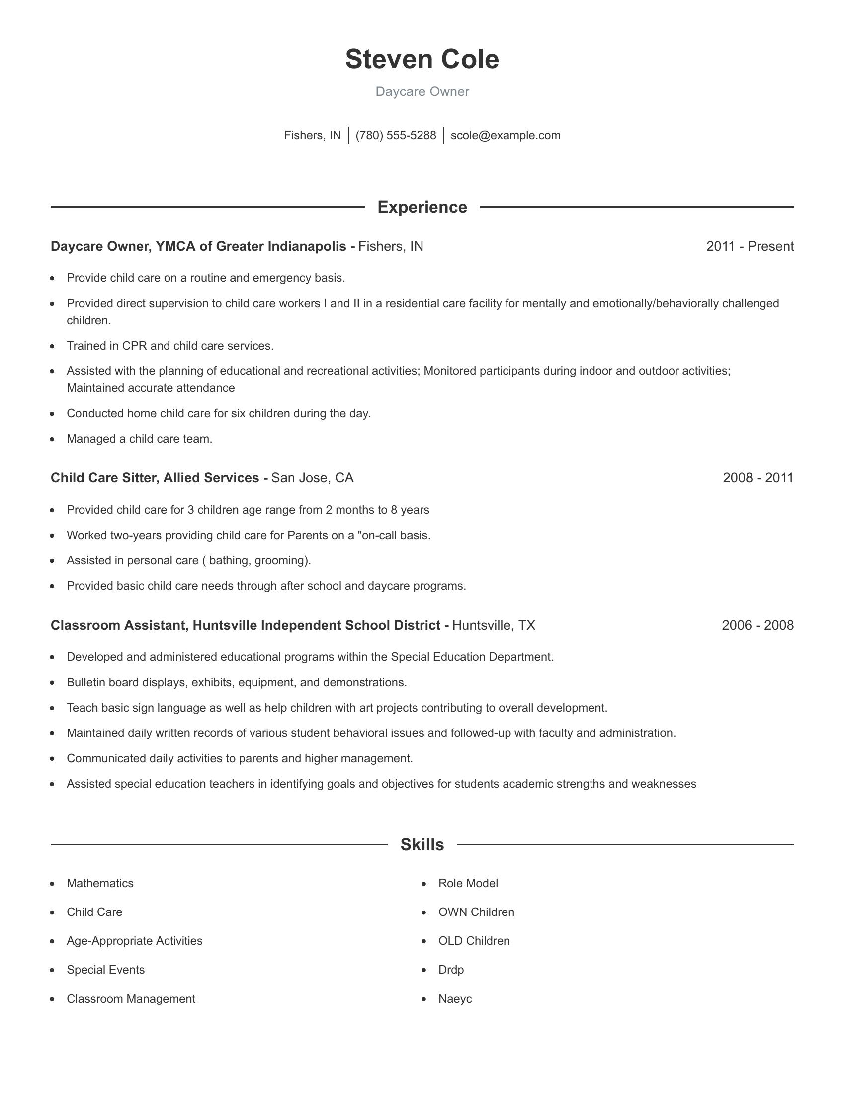 Daycare Owner resume example