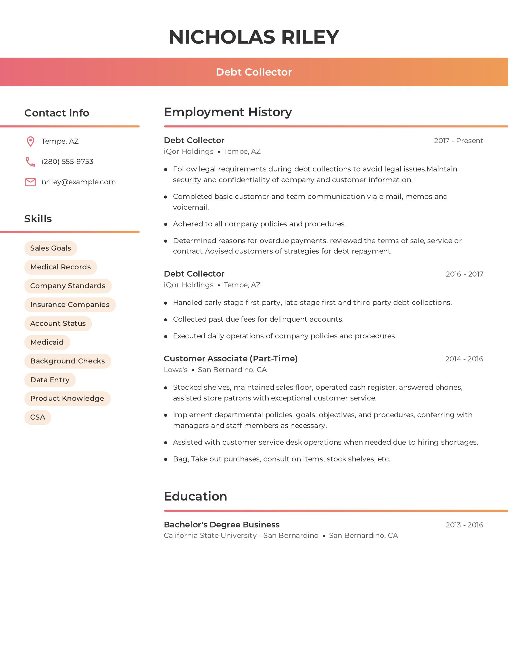 Debt Collector resume example