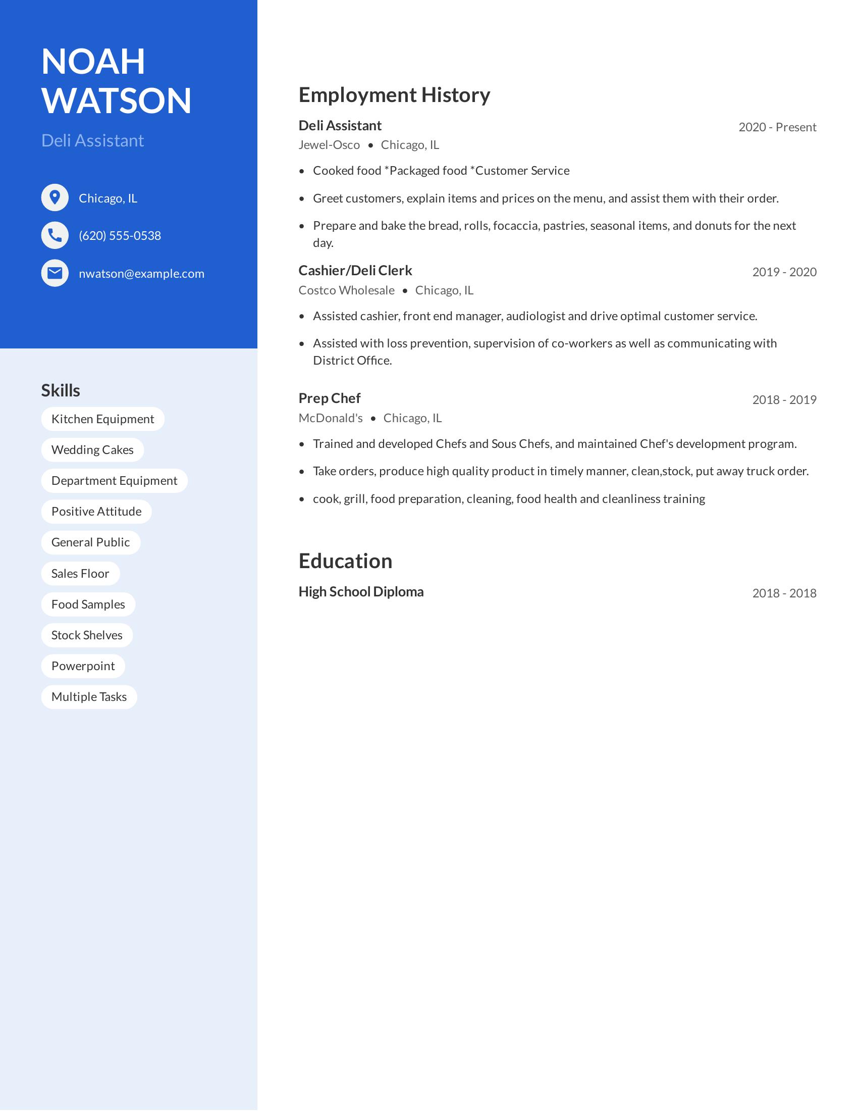 Deli Assistant resume example