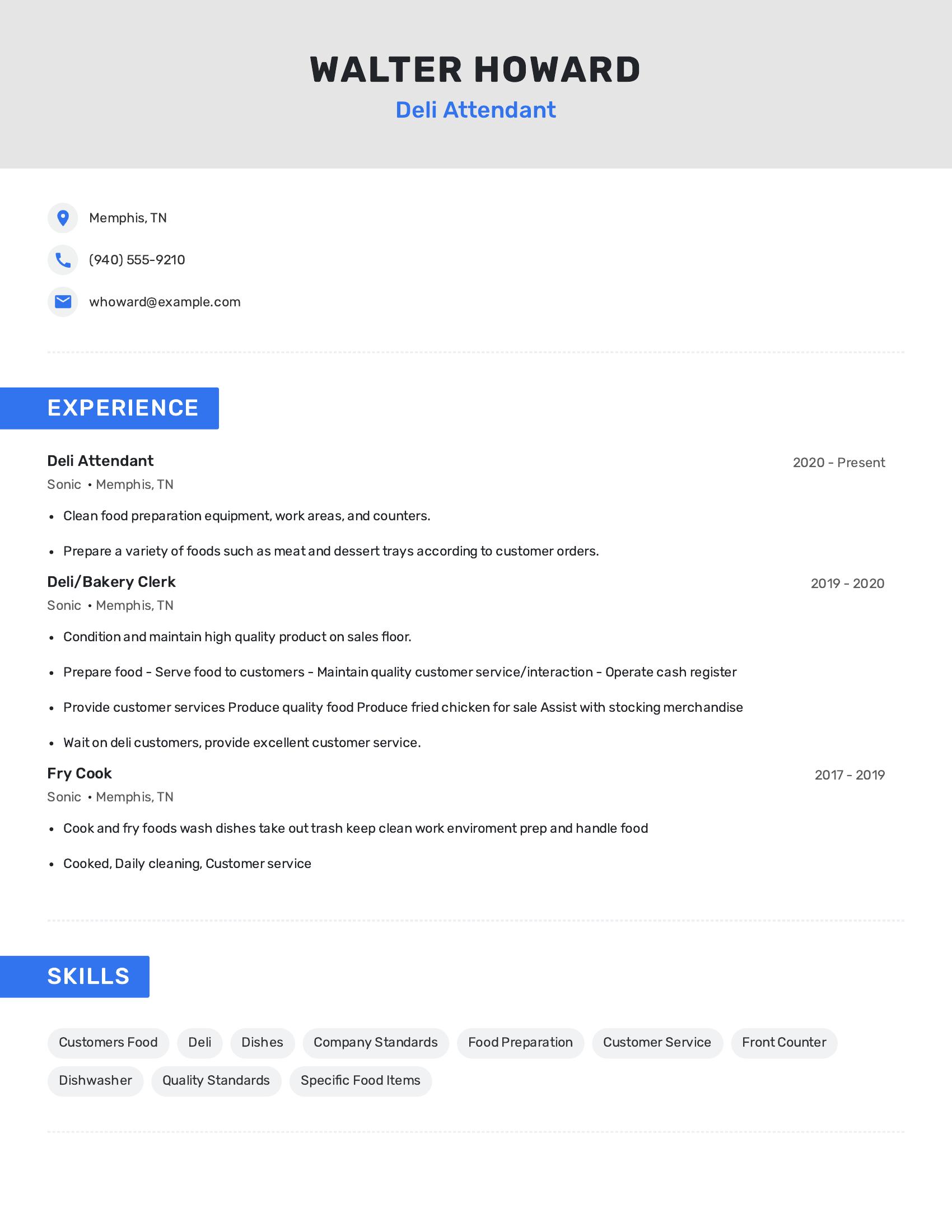 Deli Attendant resume example