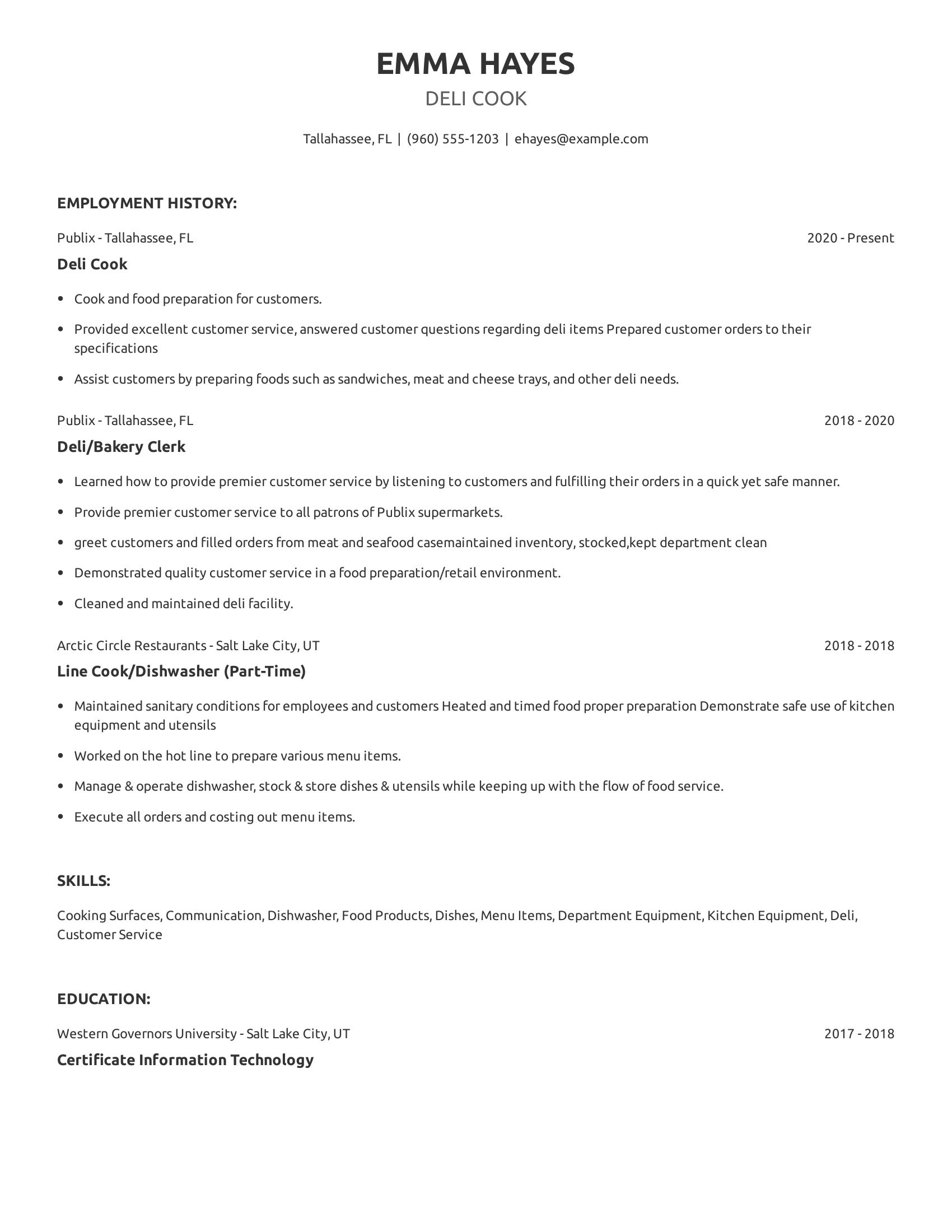 Deli Cook resume example