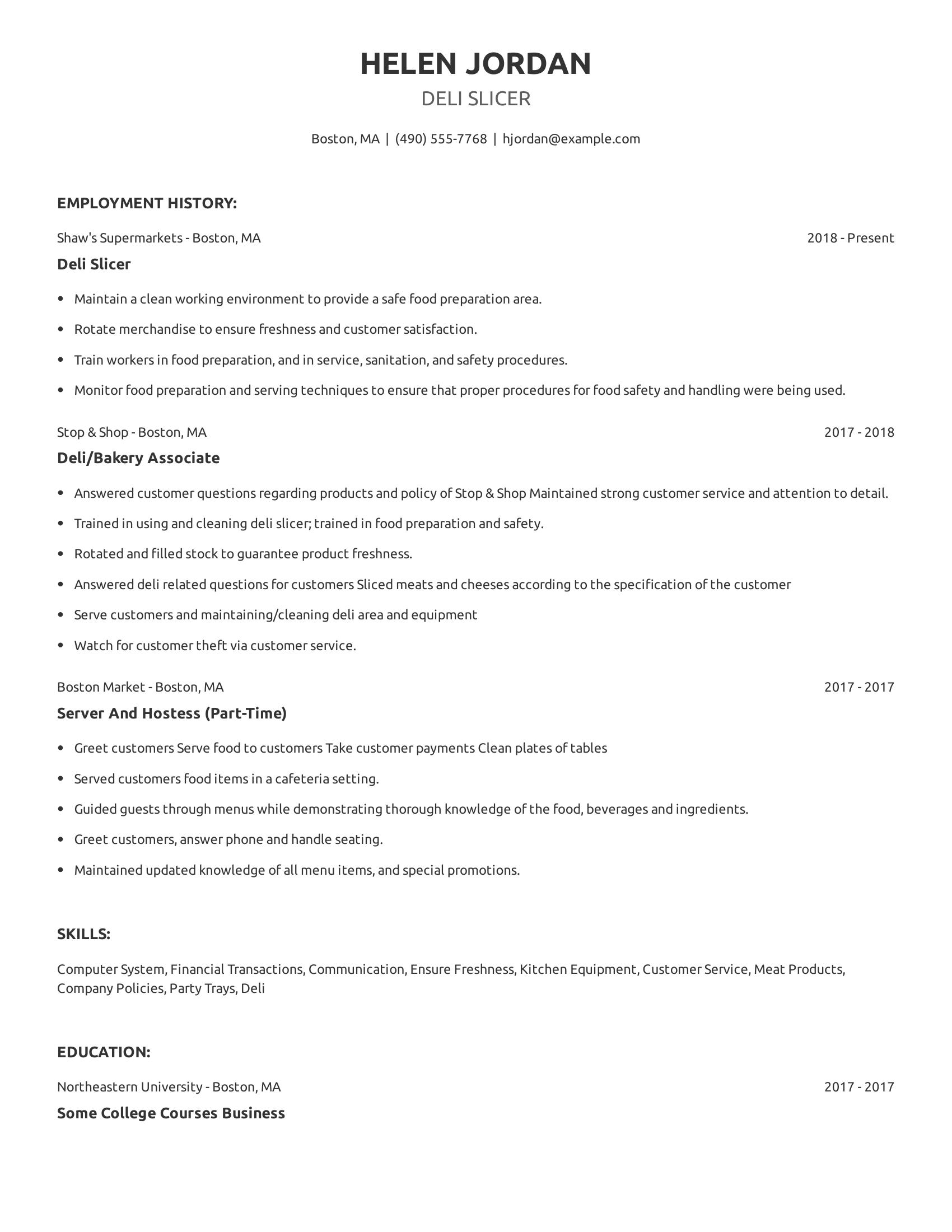 Deli Slicer resume example