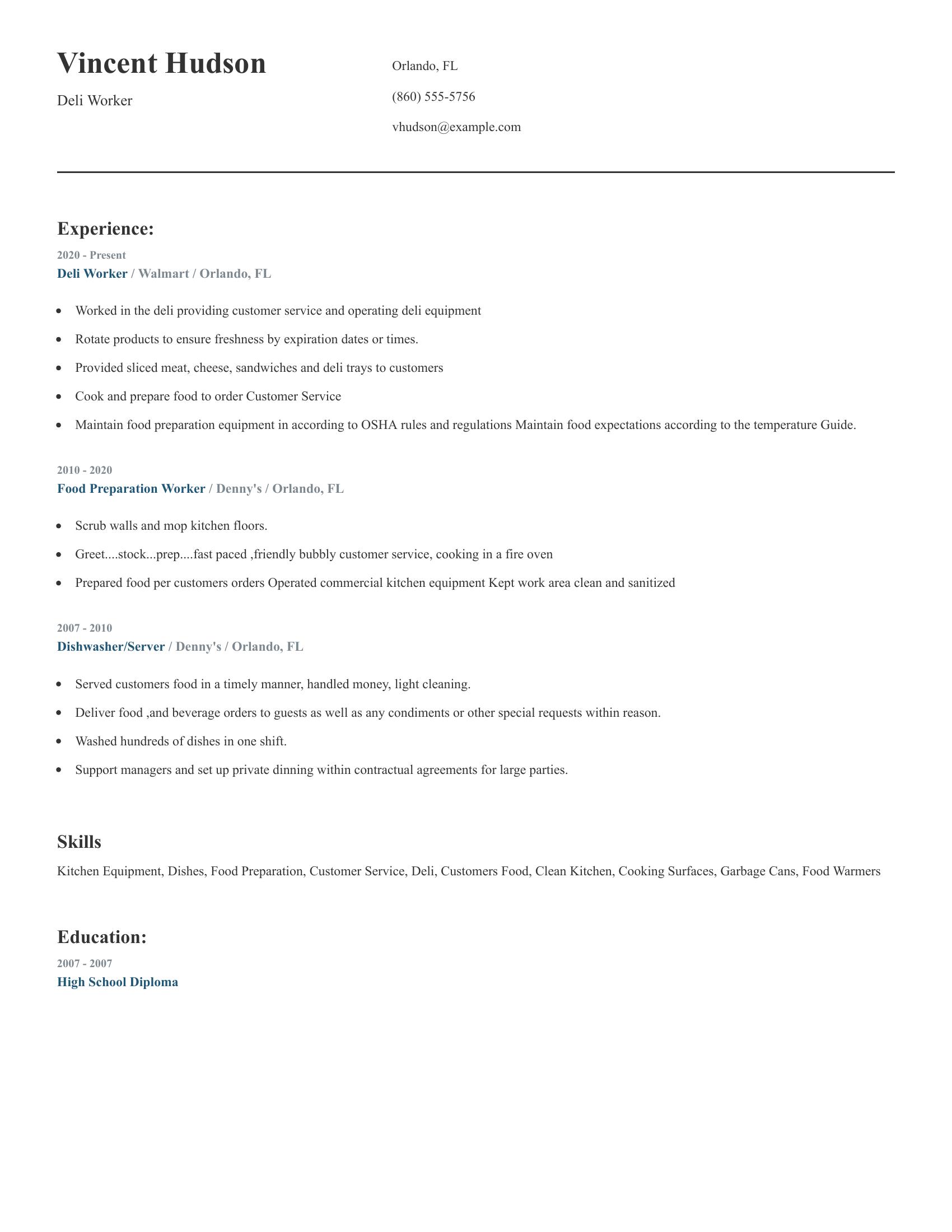 Deli Worker resume example