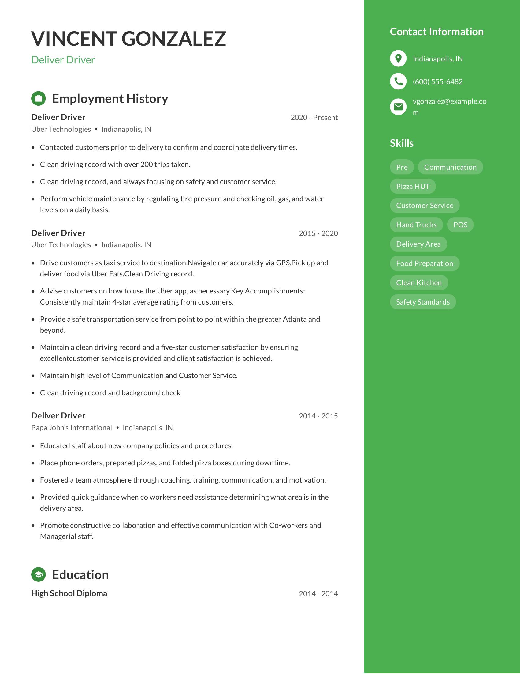 Deliver Driver resume example