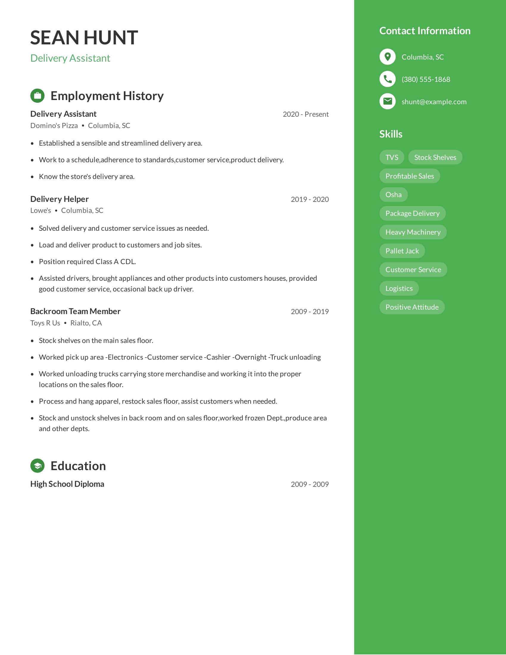 Delivery Assistant resume example