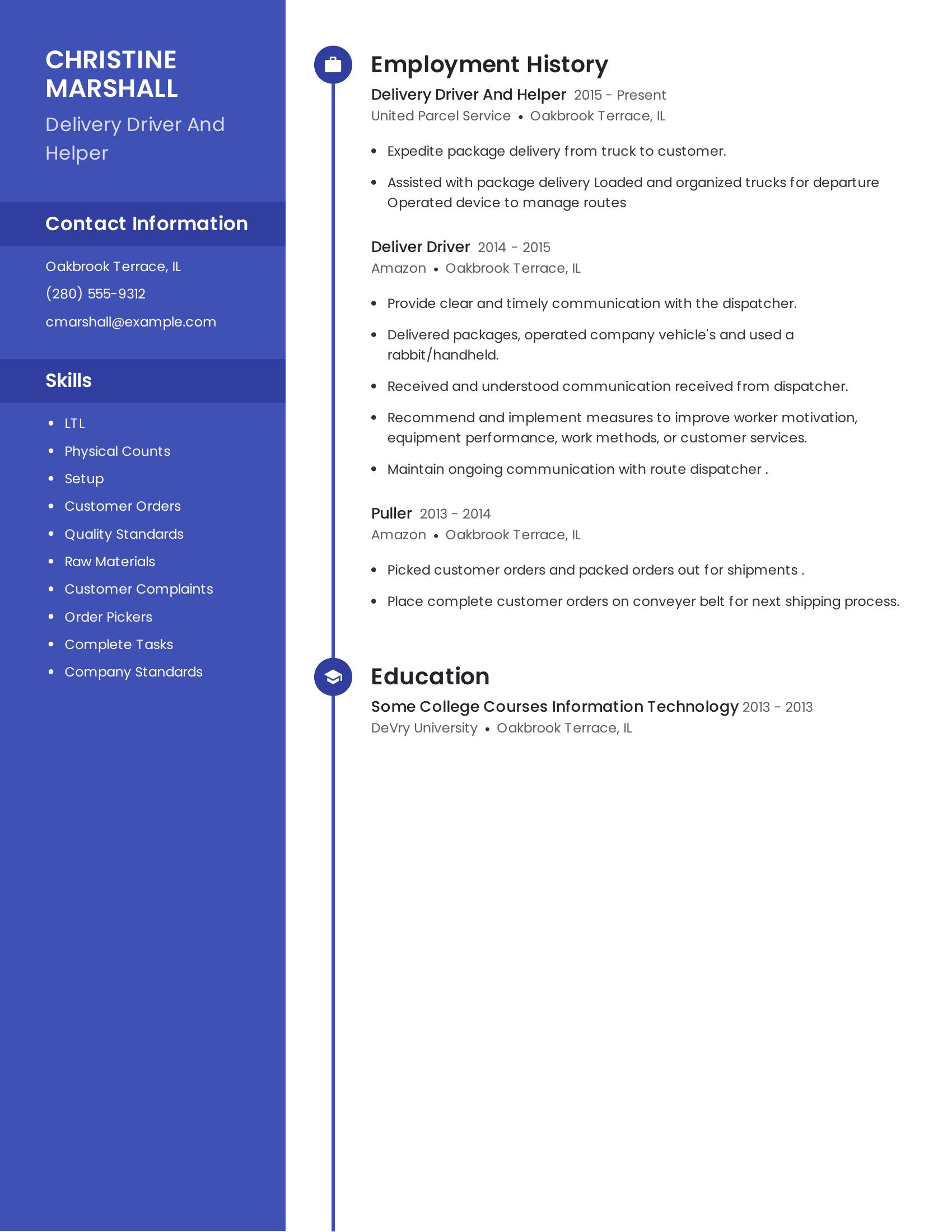 Delivery Driver And Helper resume example