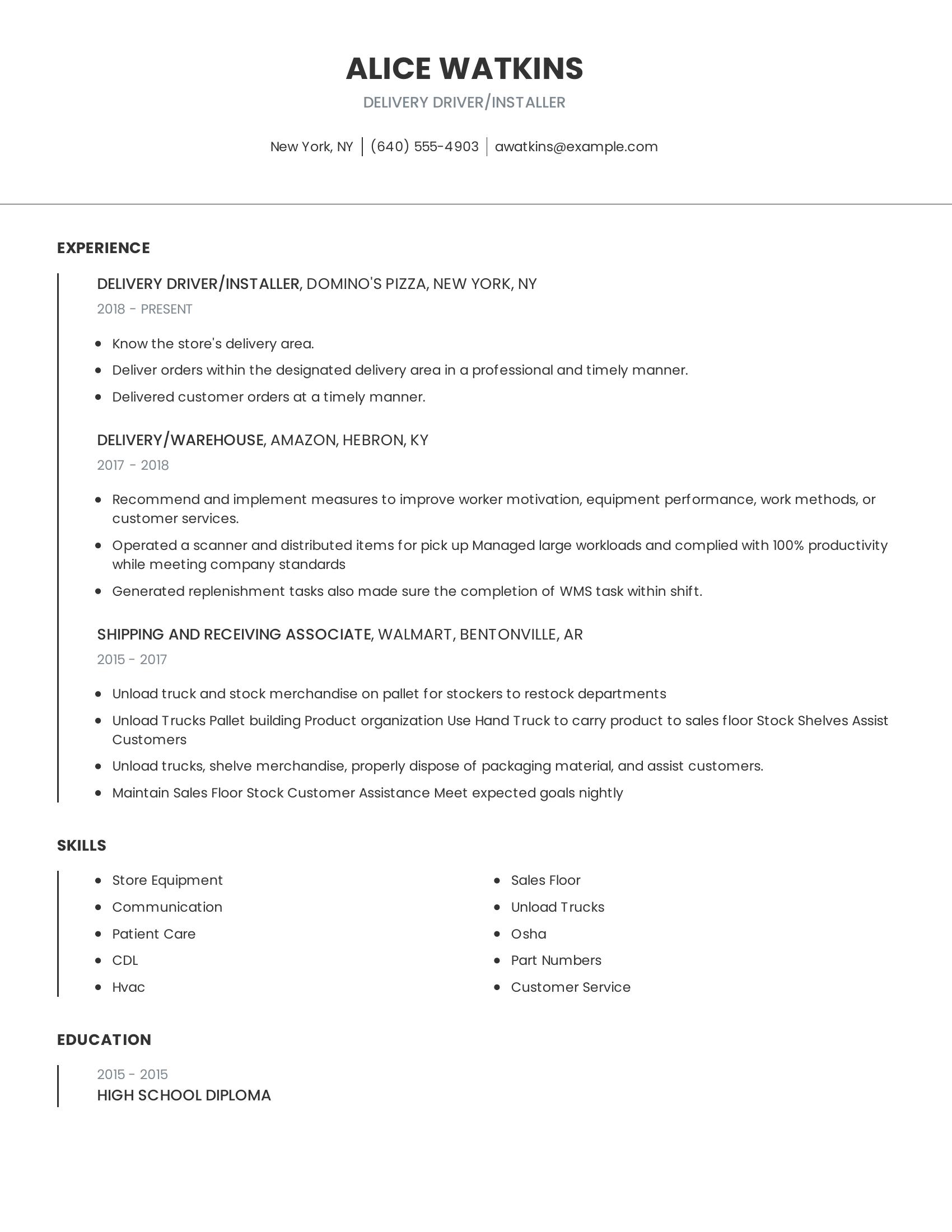 Delivery Driver/Installer resume example