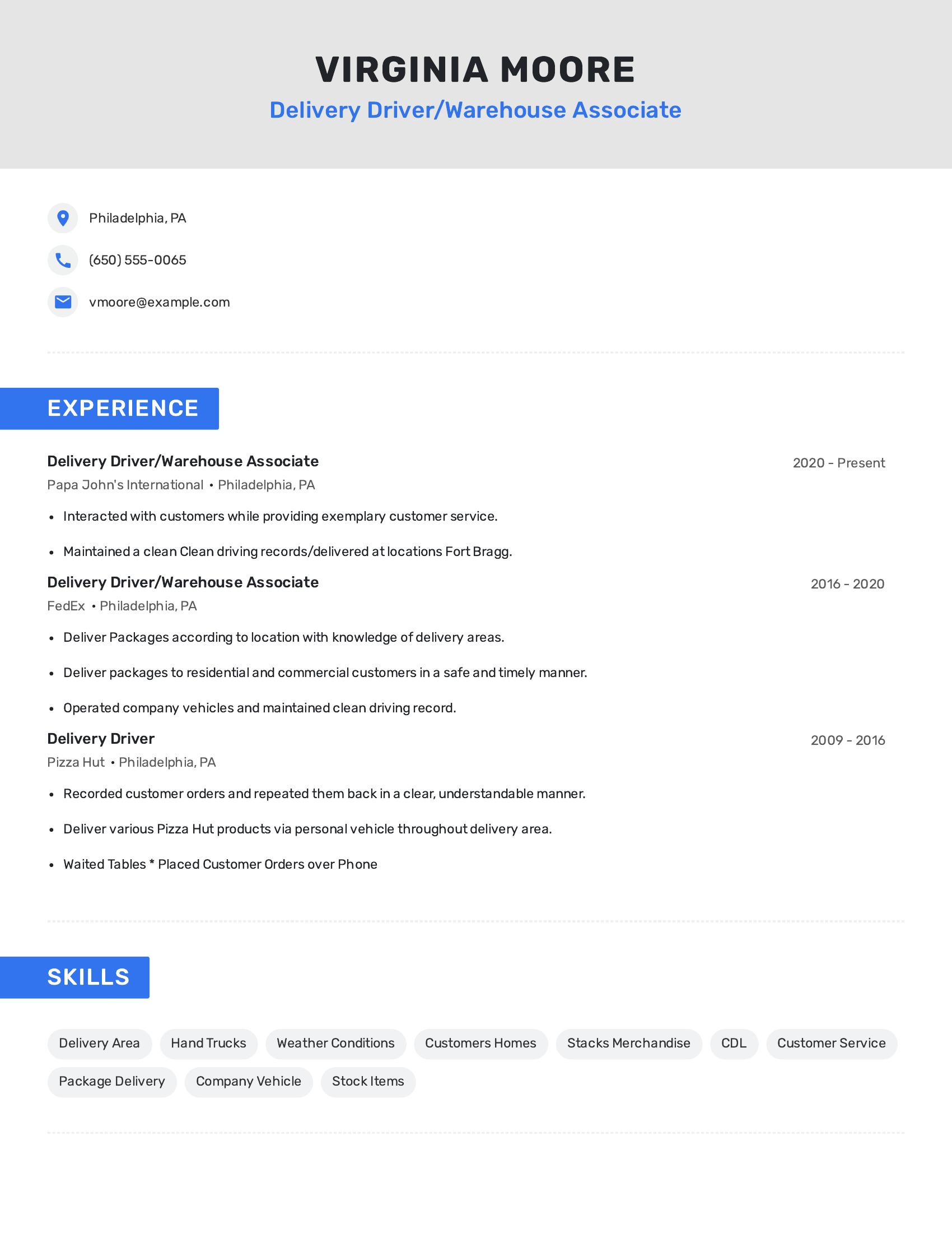 Delivery Driver/Warehouse Associate resume example