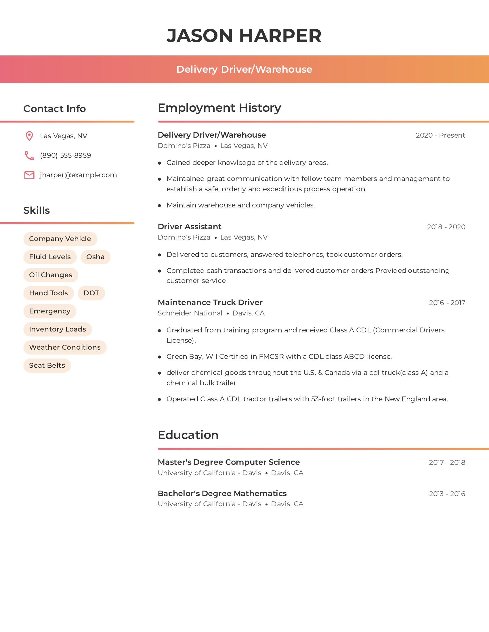 Delivery Driver/Warehouse resume example