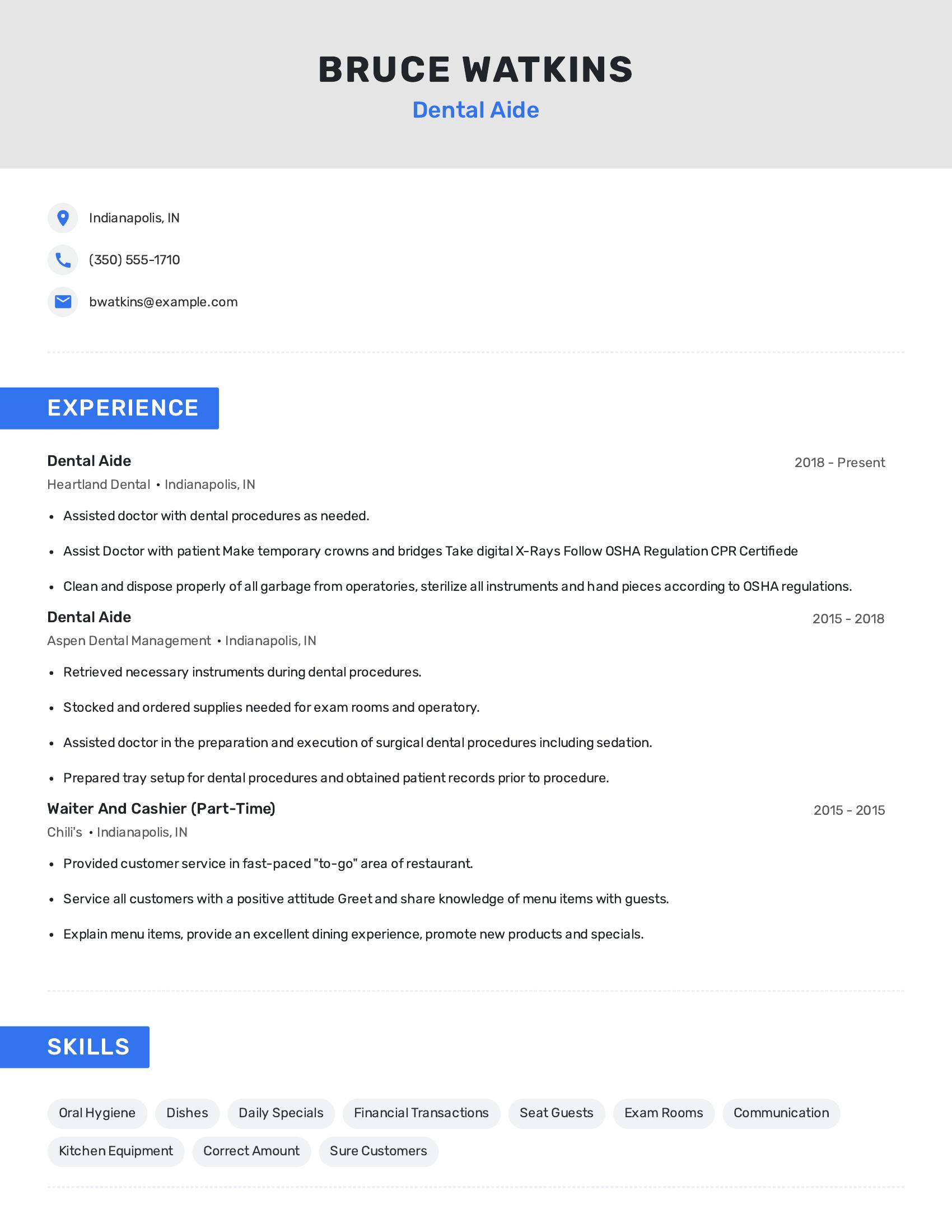 Dental Aide resume example