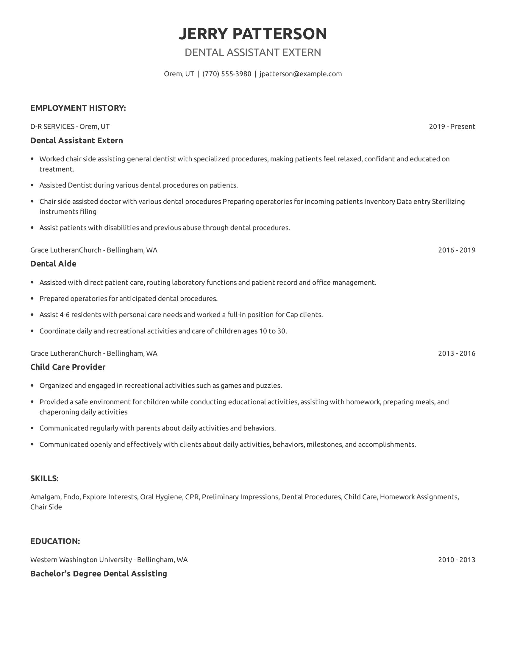 Dental Assistant Extern resume example