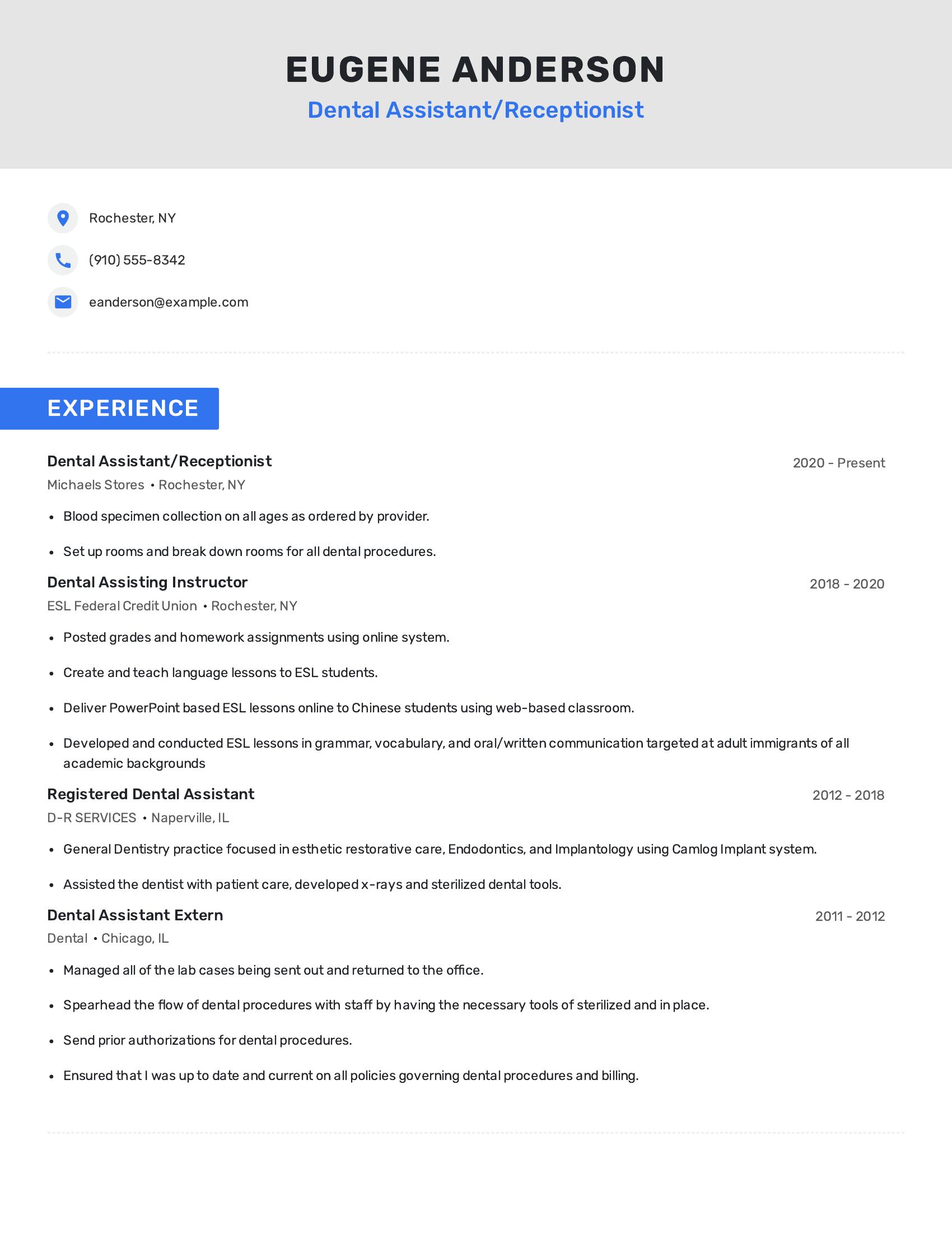 Dental Assistant/Receptionist resume example