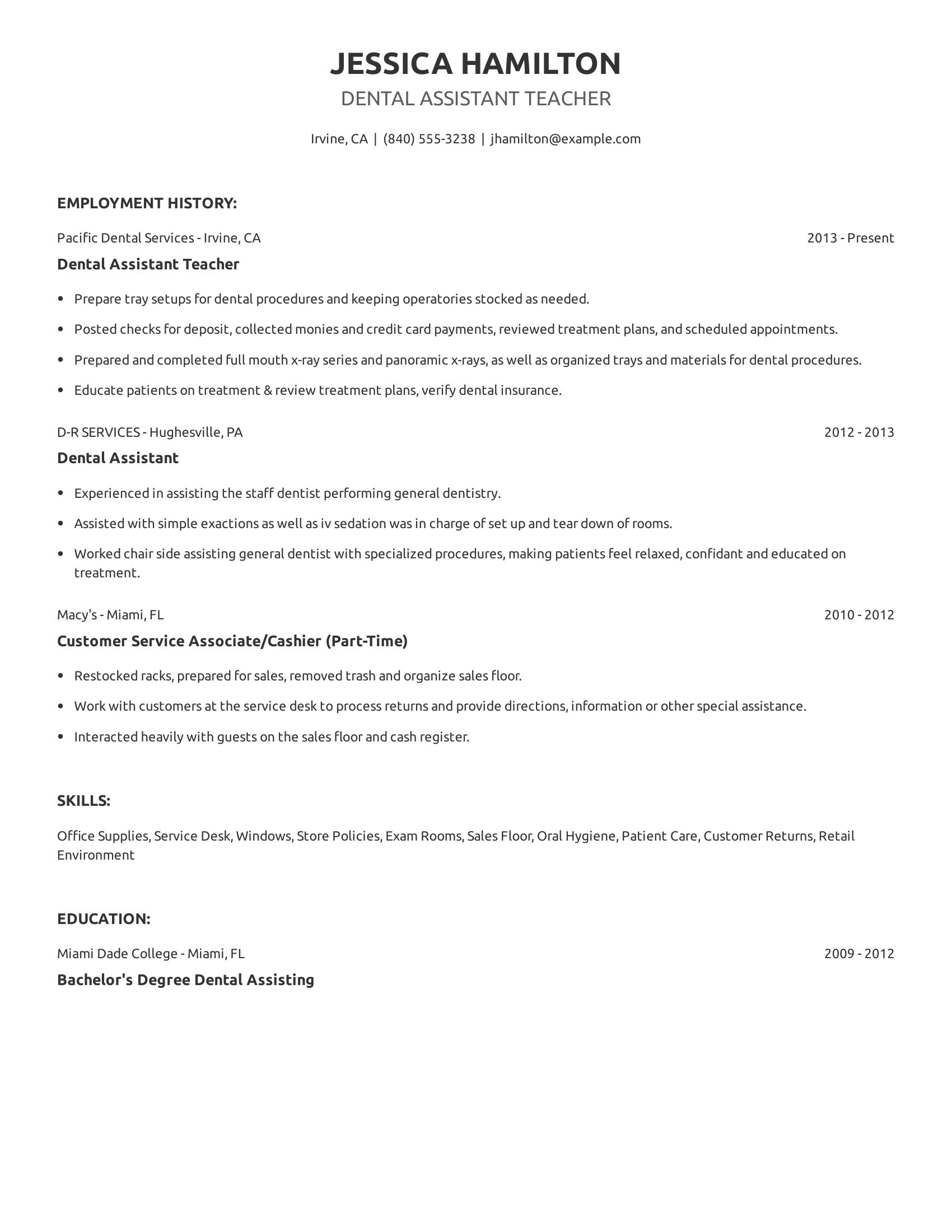 Dental Assistant Teacher resume example