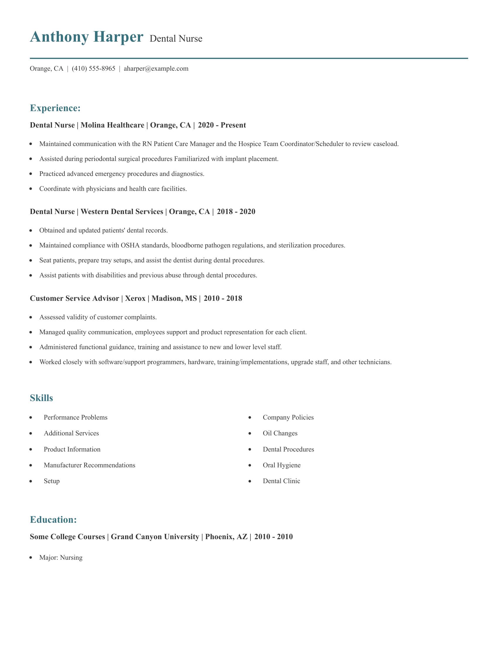 Dental Nurse resume example