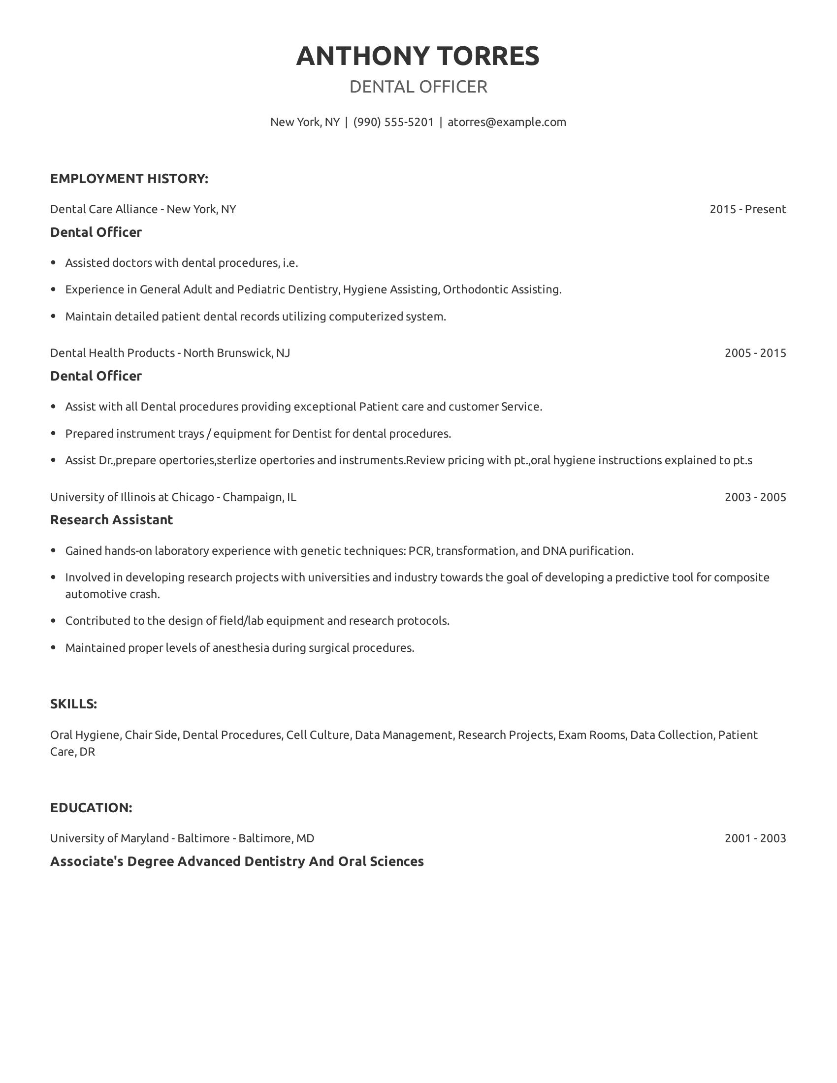 Dental Officer resume example