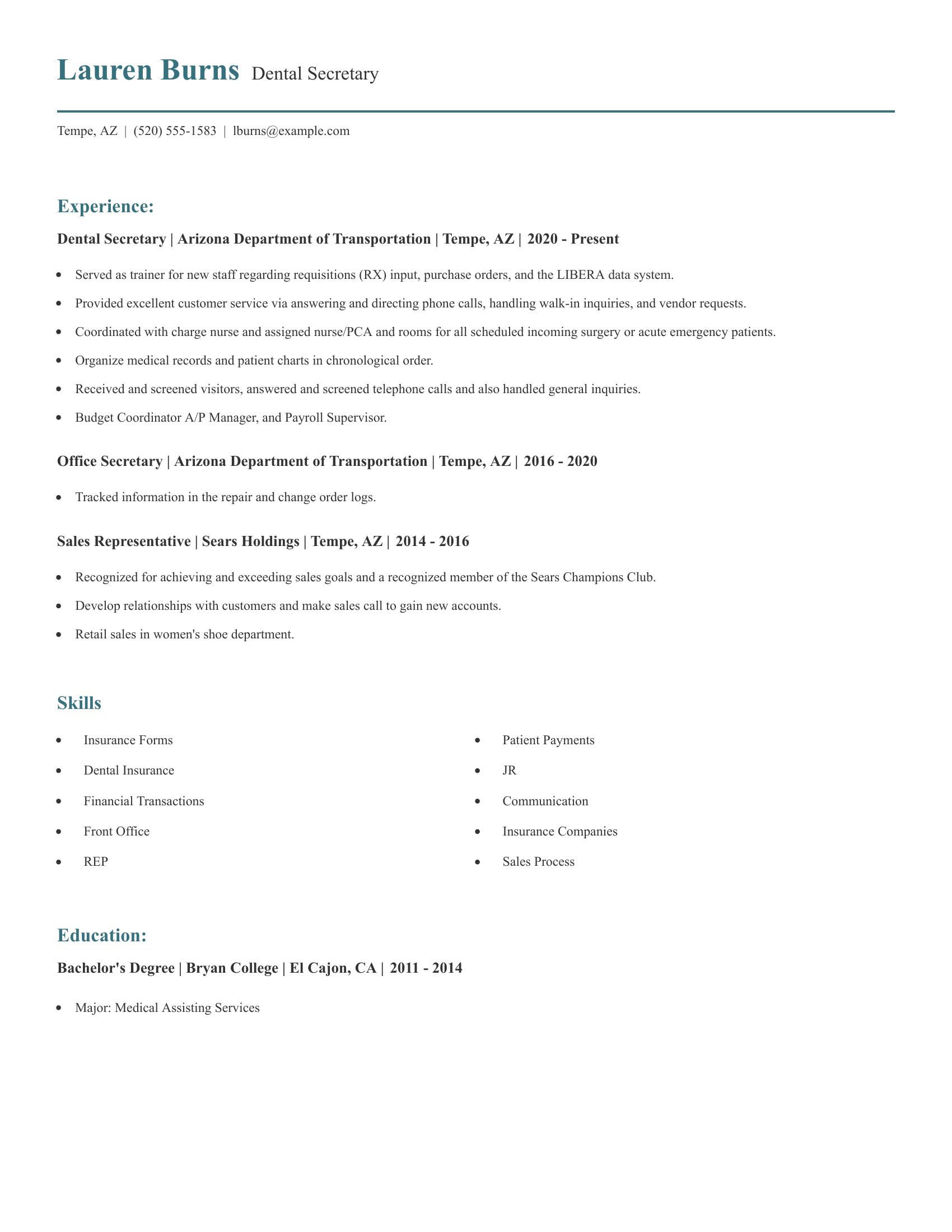 Dental Secretary resume example