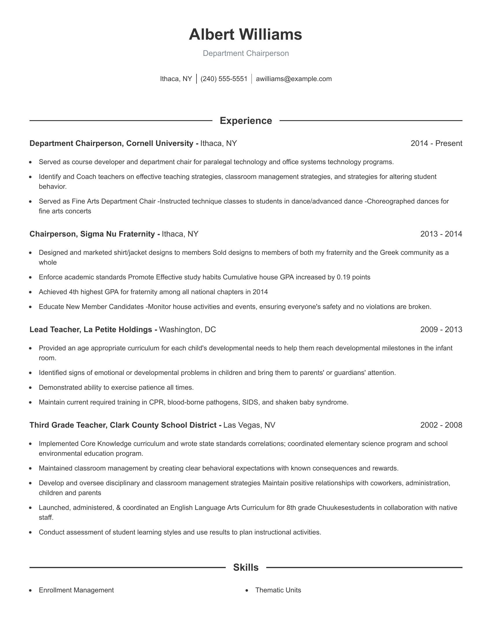 Department Chairperson resume example