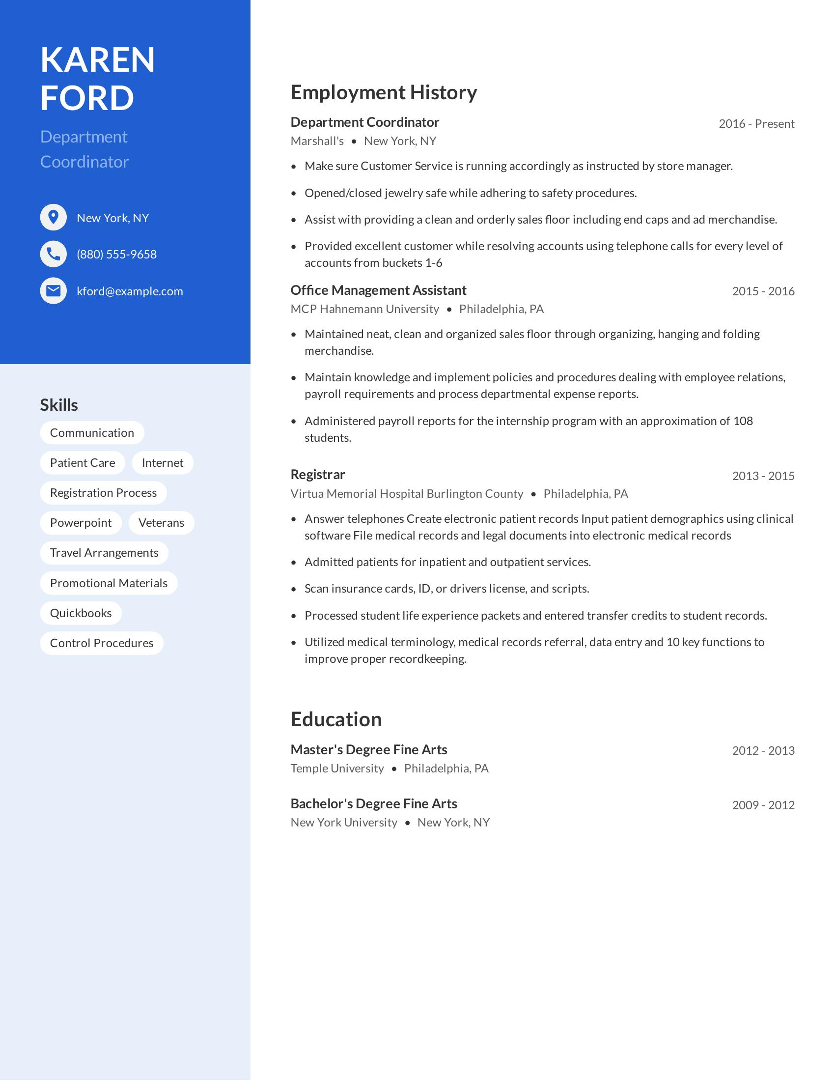 Department Coordinator resume example