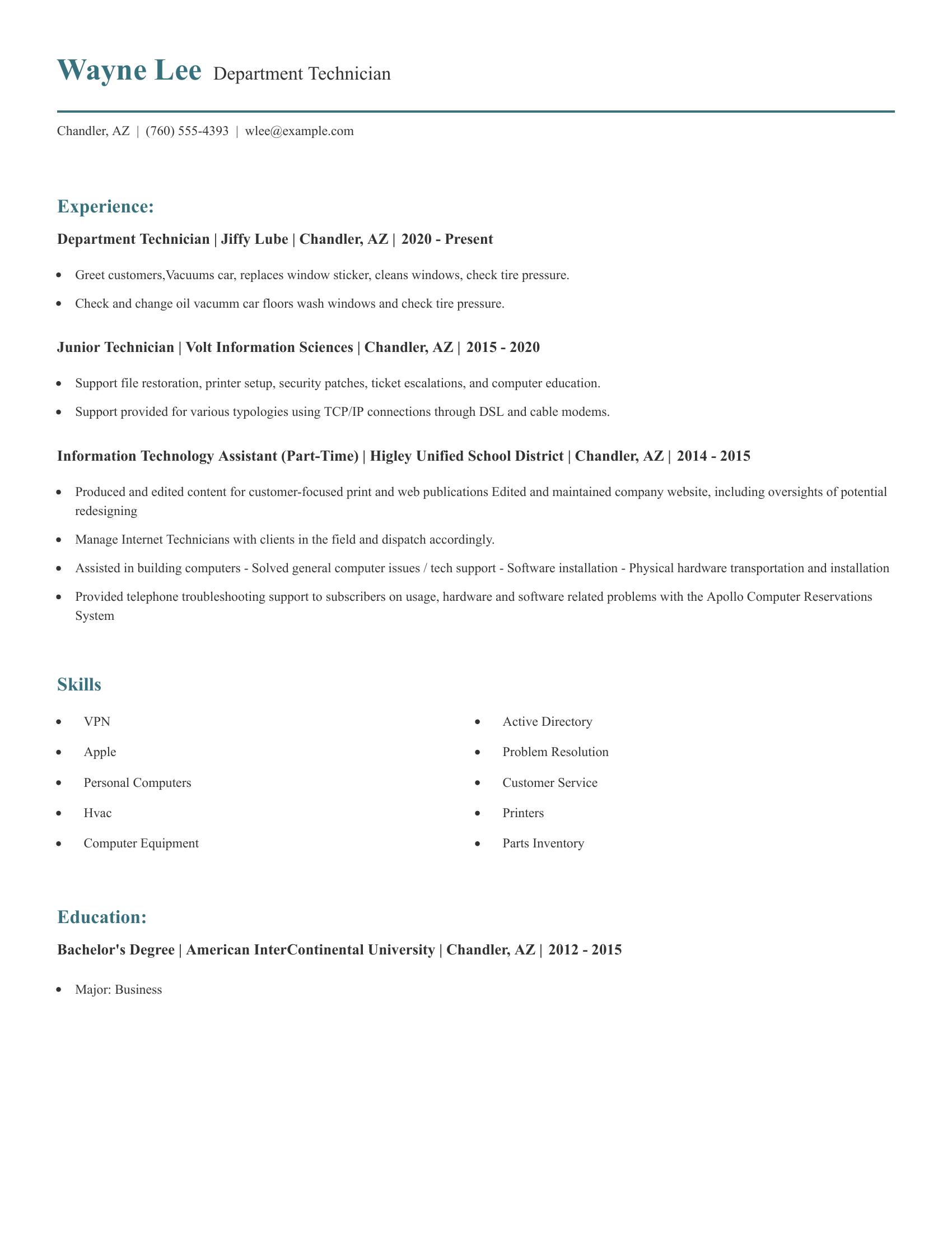 Department Technician resume example