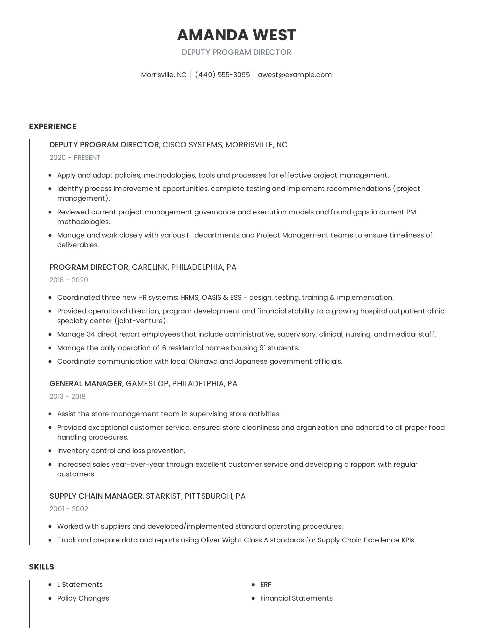 Deputy Program Director resume example