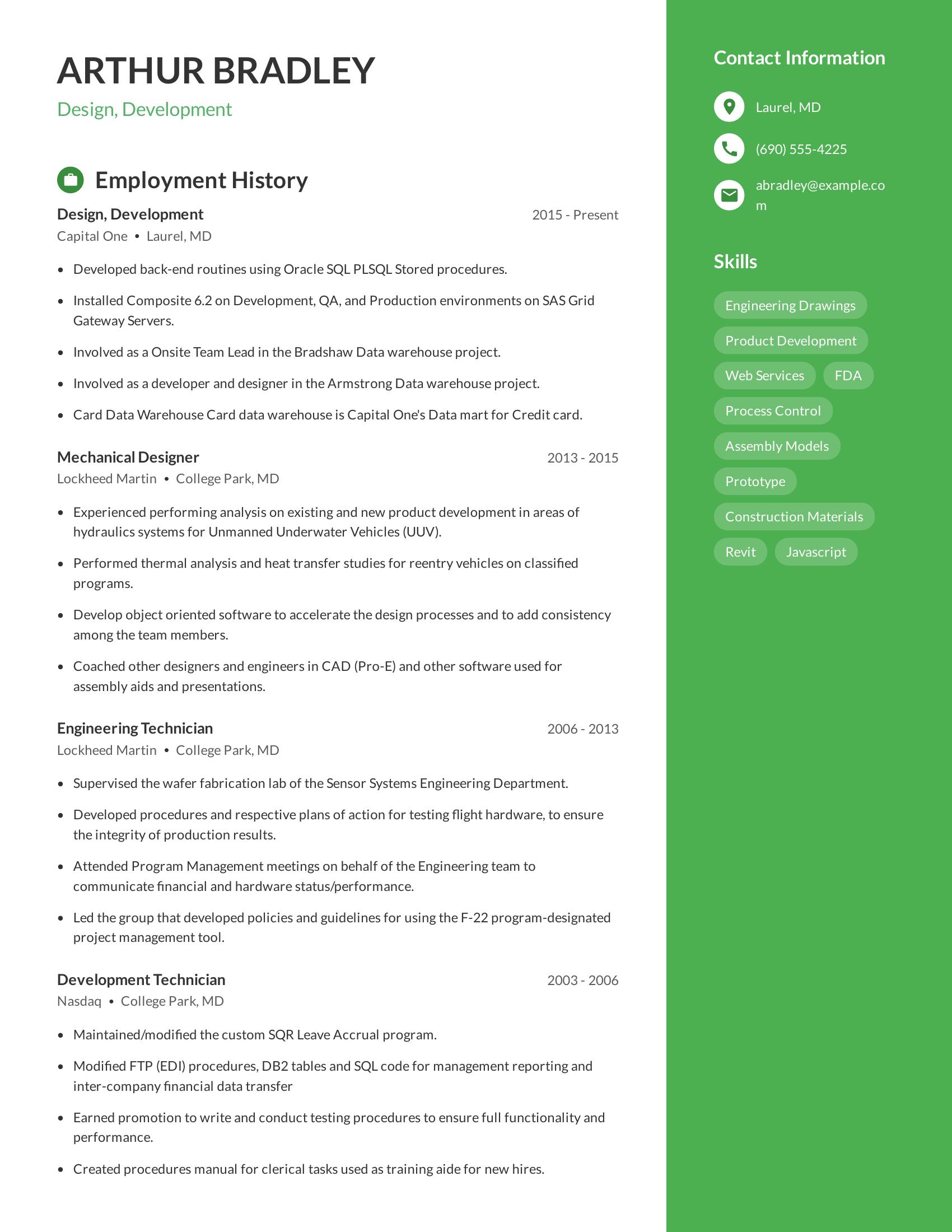 Design, Development resume example