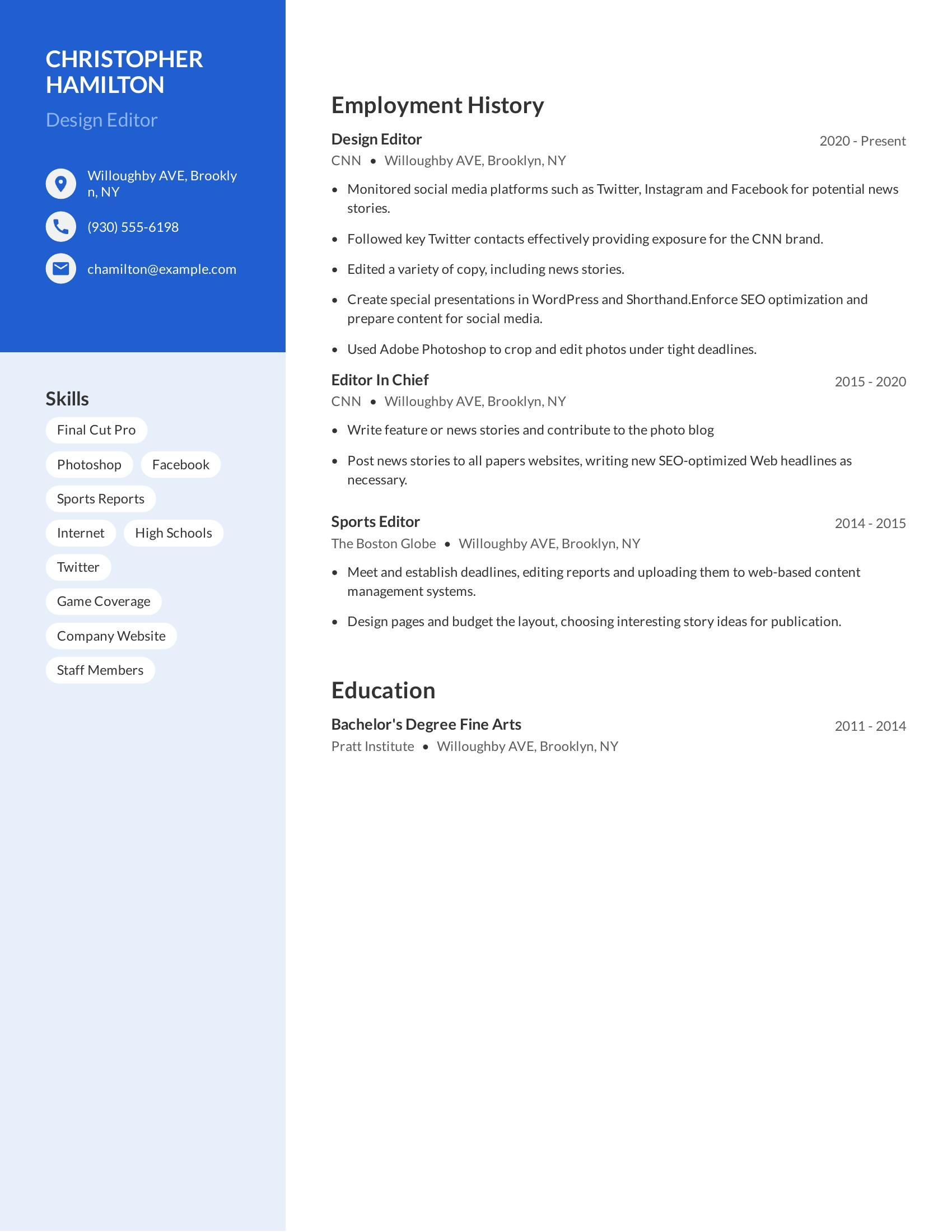 Design Editor resume example