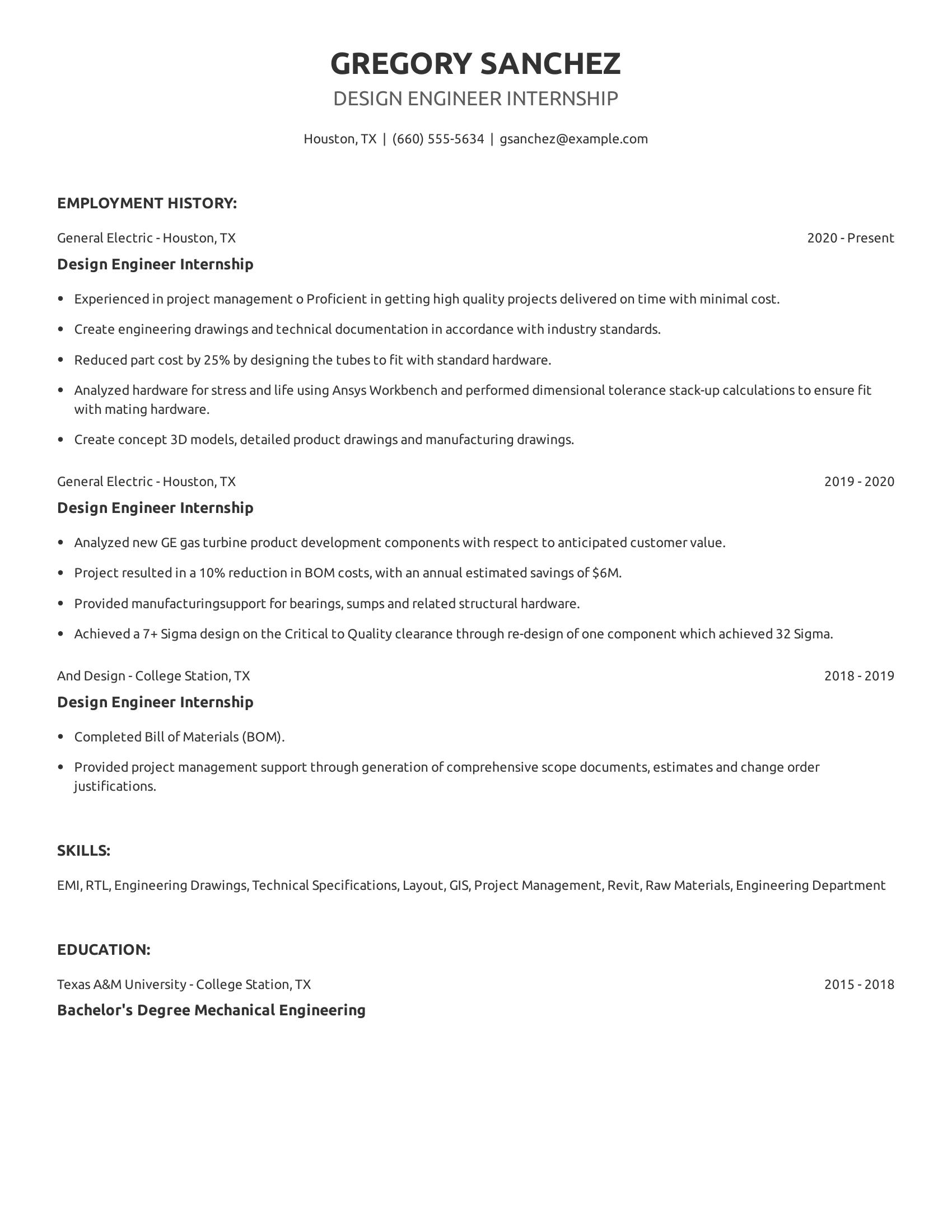 Design Engineer Internship resume example