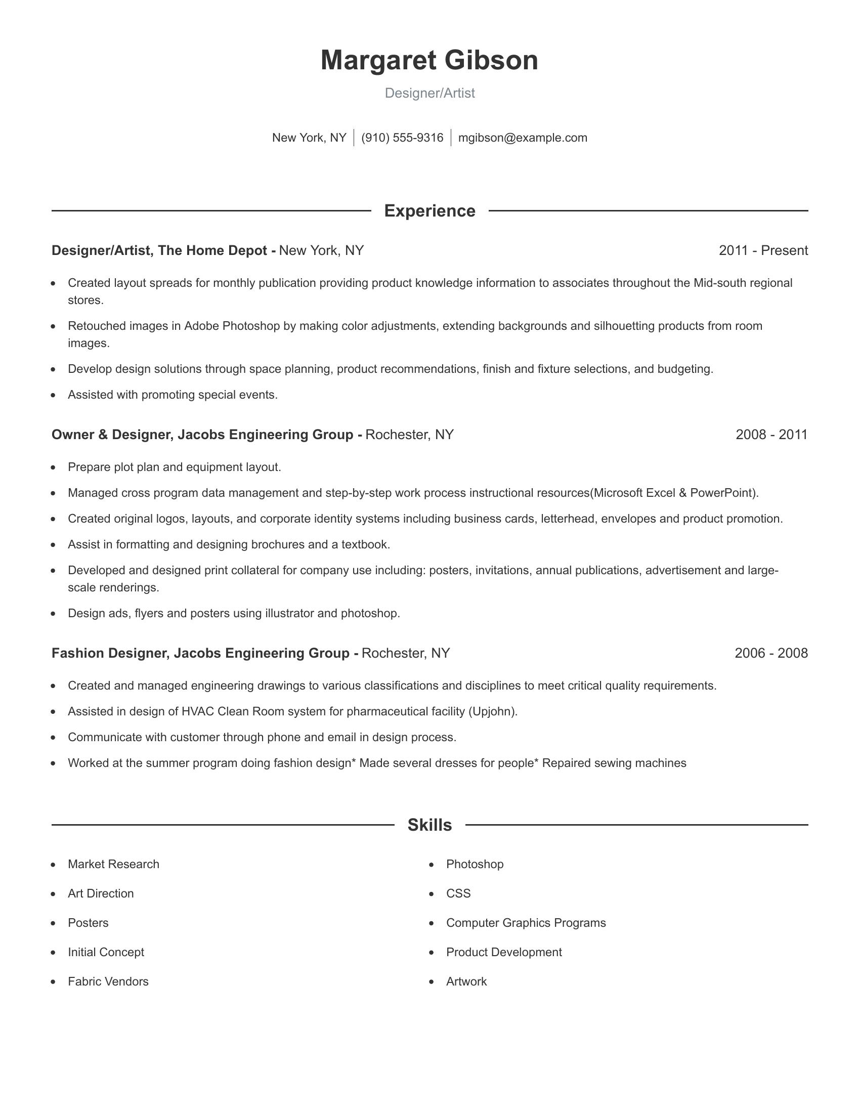 Designer/Artist resume example