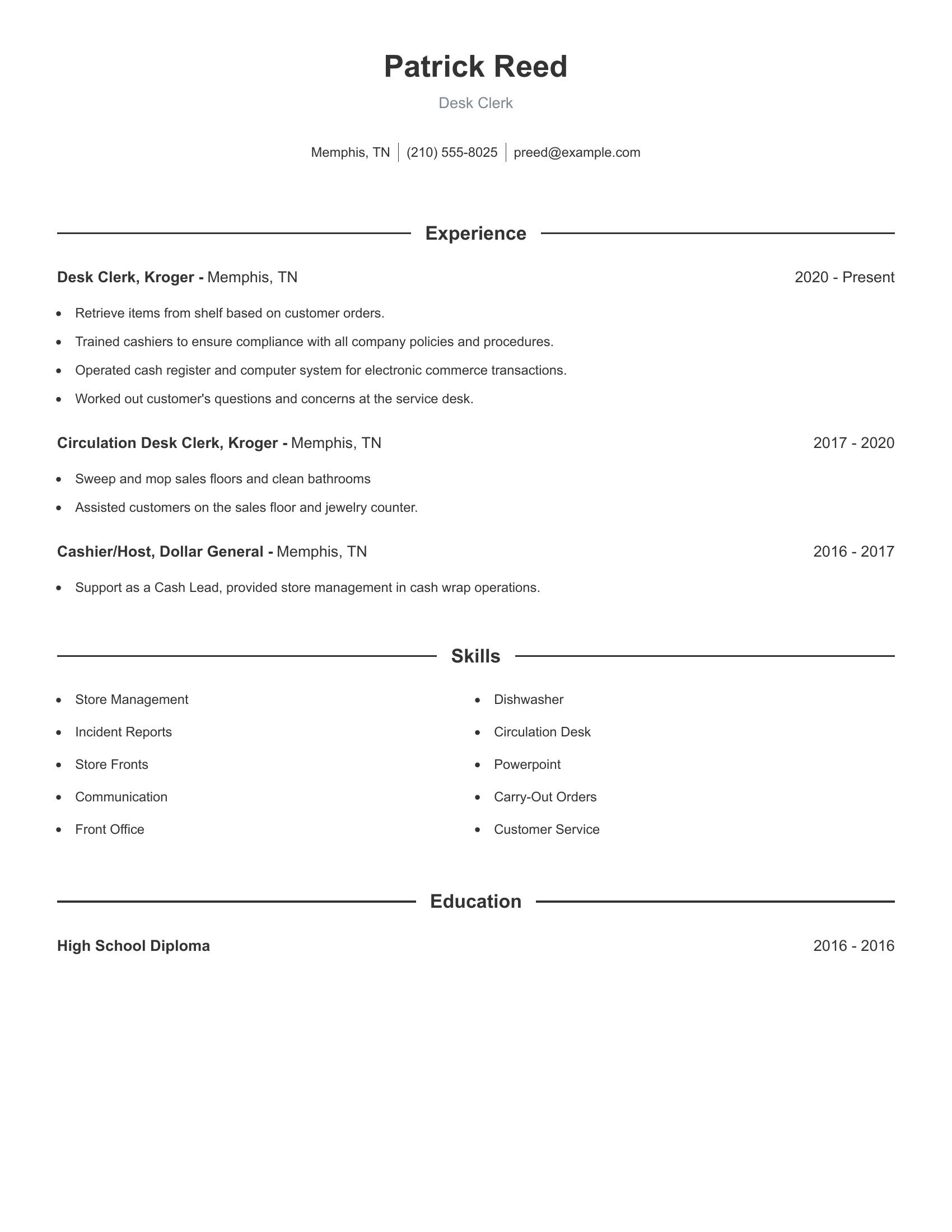 Desk Clerk resume example