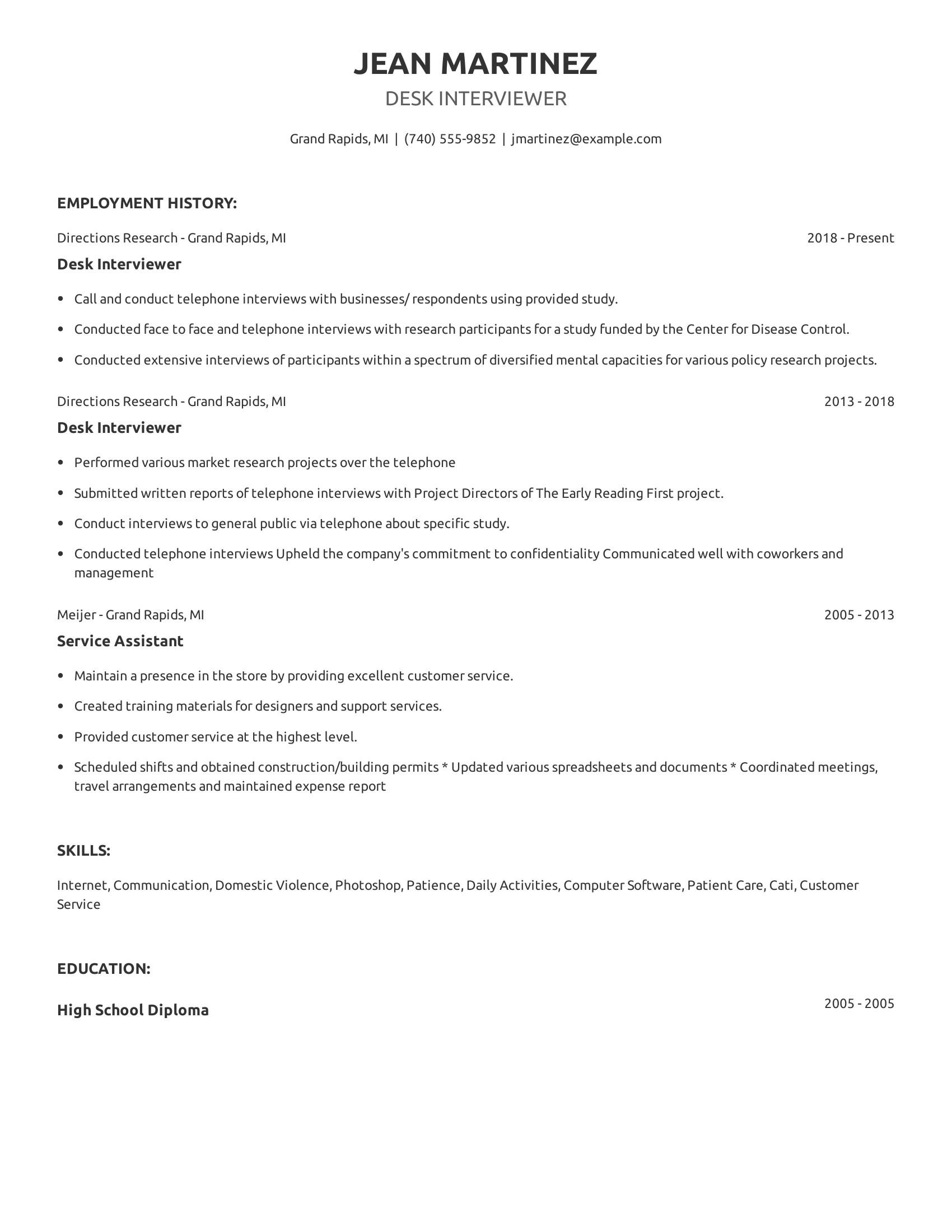 Desk Interviewer resume example