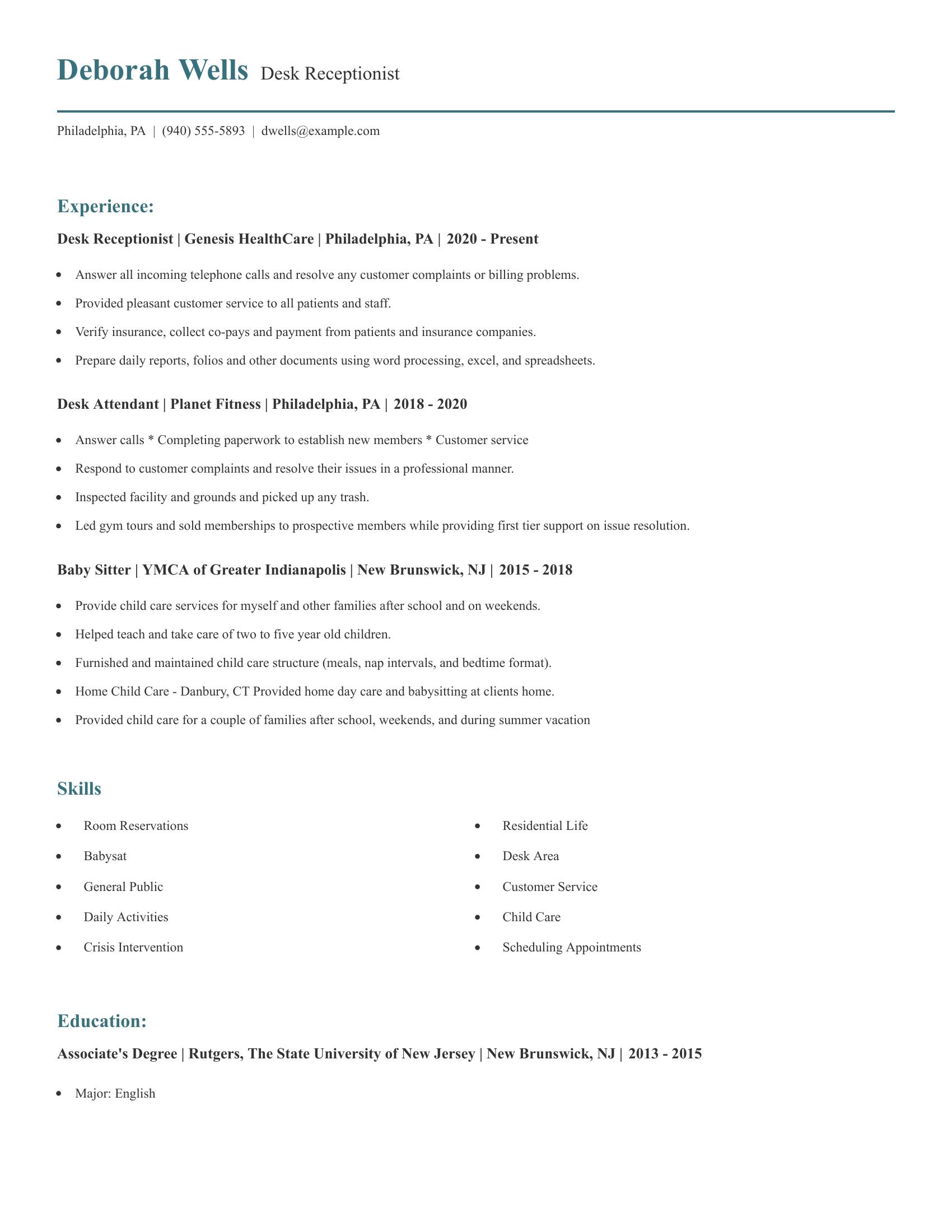 Desk Receptionist resume example