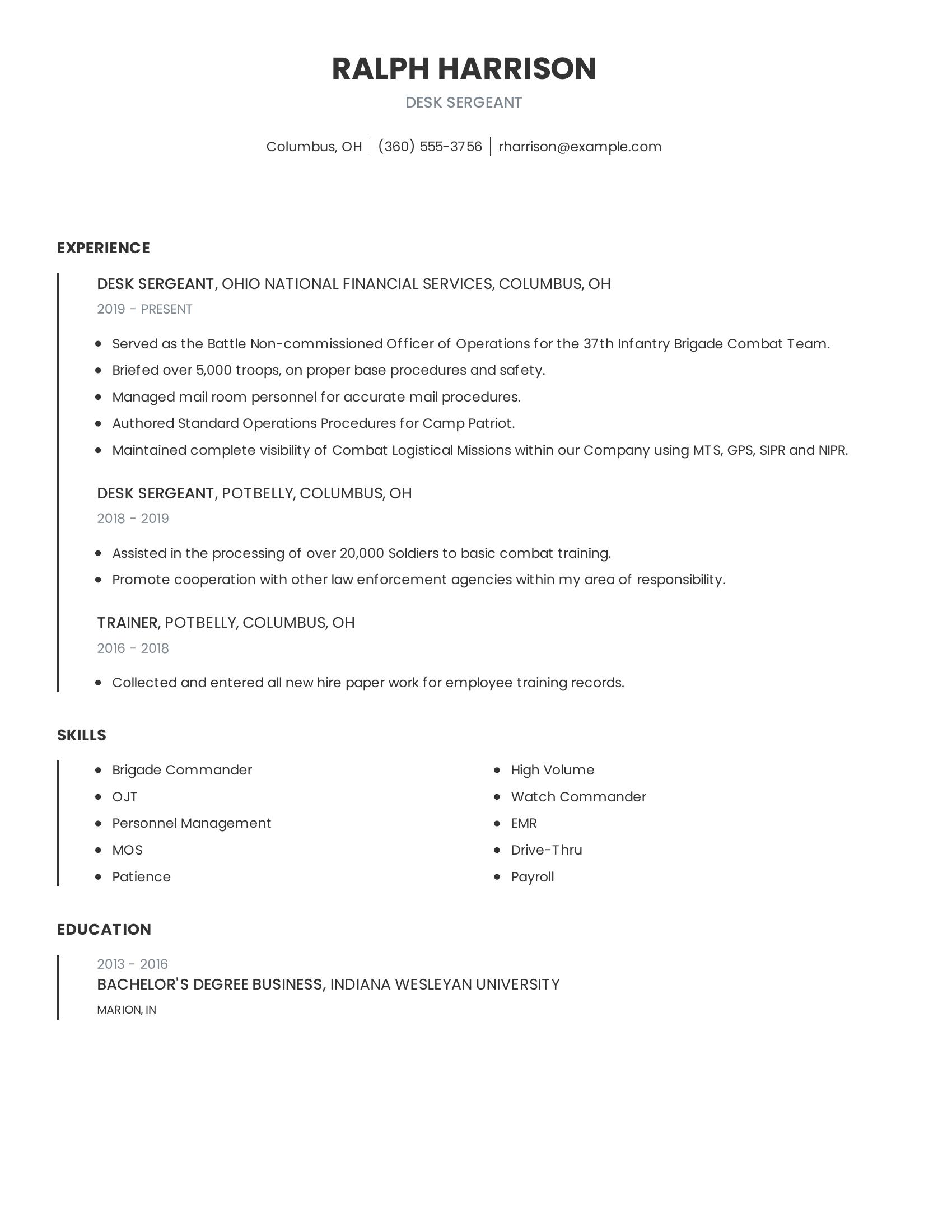 Desk Sergeant resume example