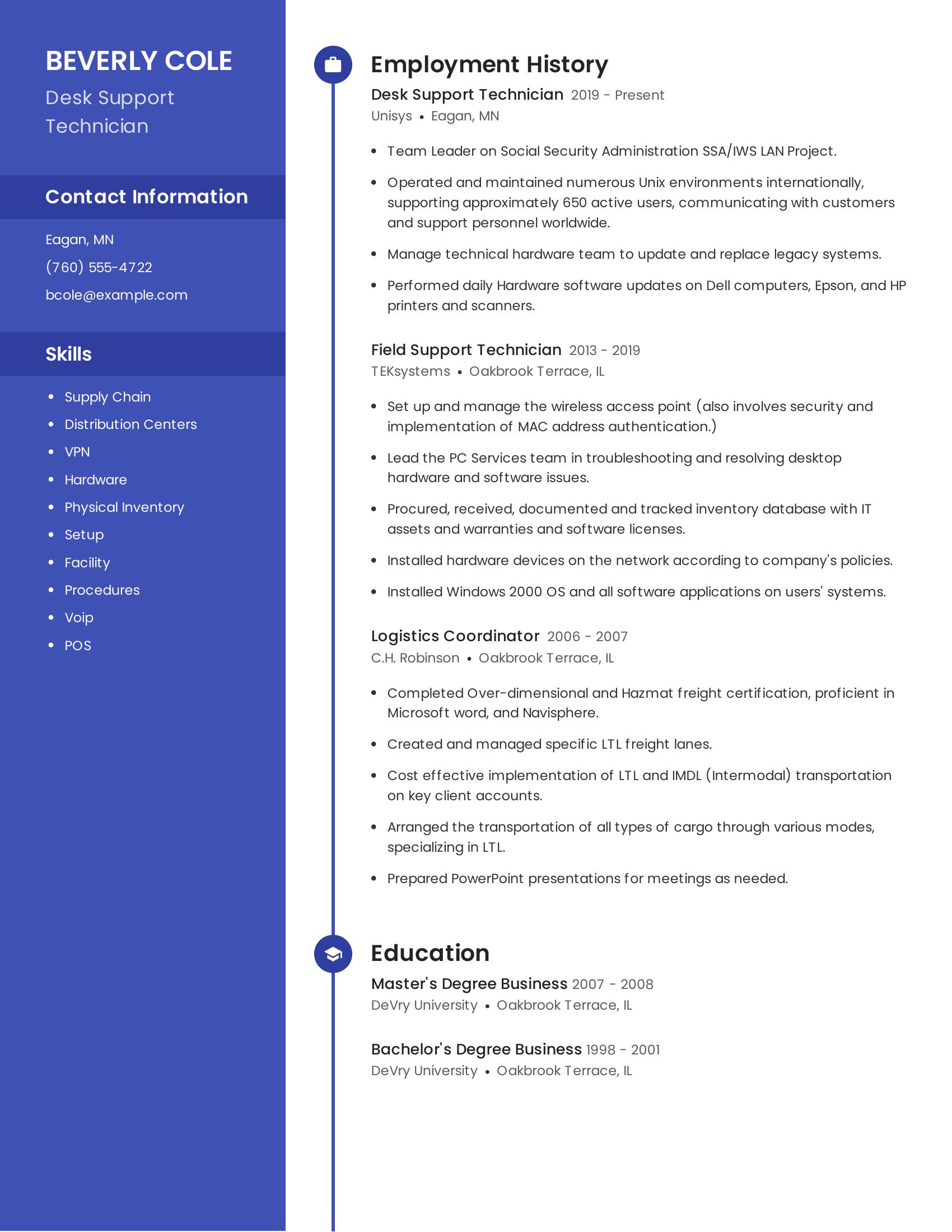 Desk Support Technician resume example