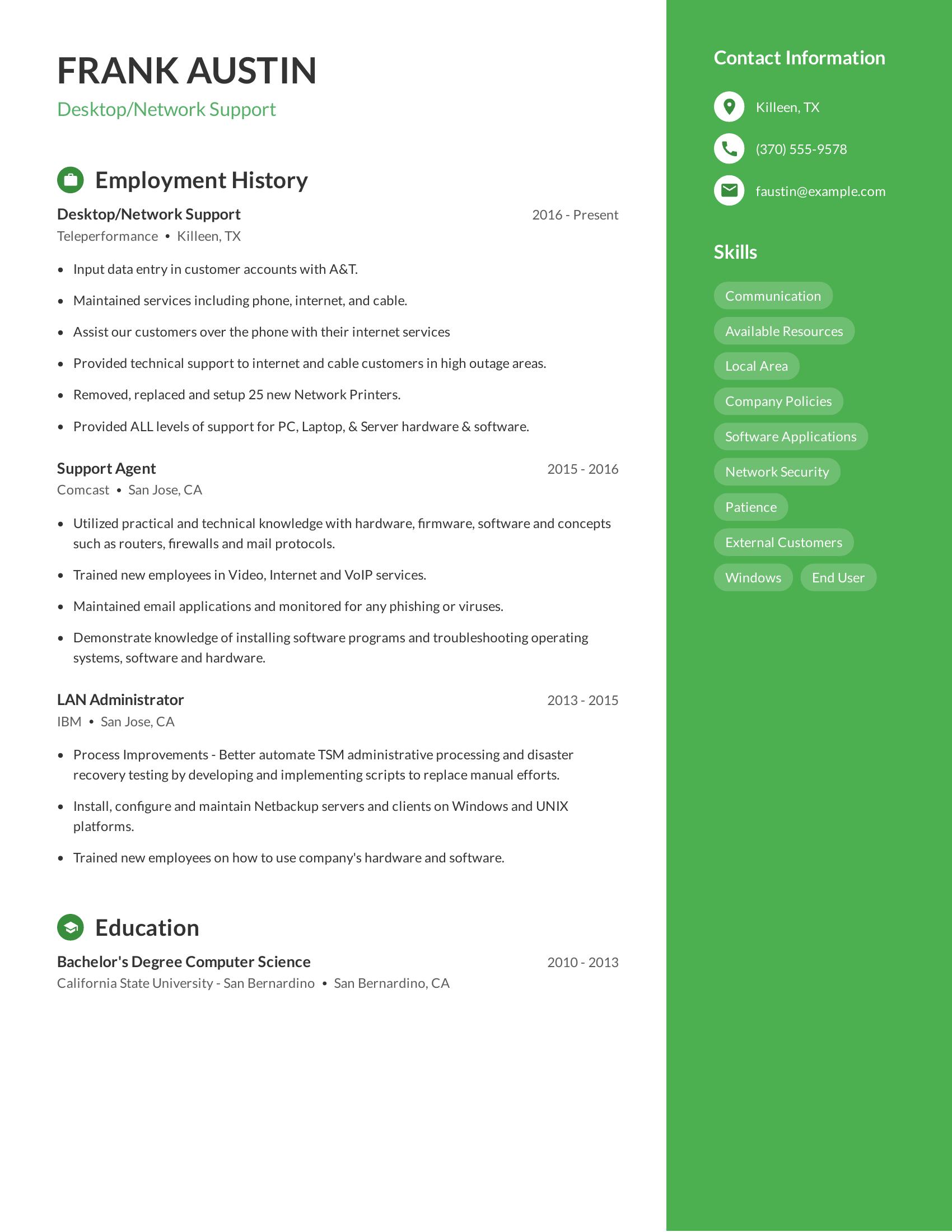 Desktop/Network Support resume example