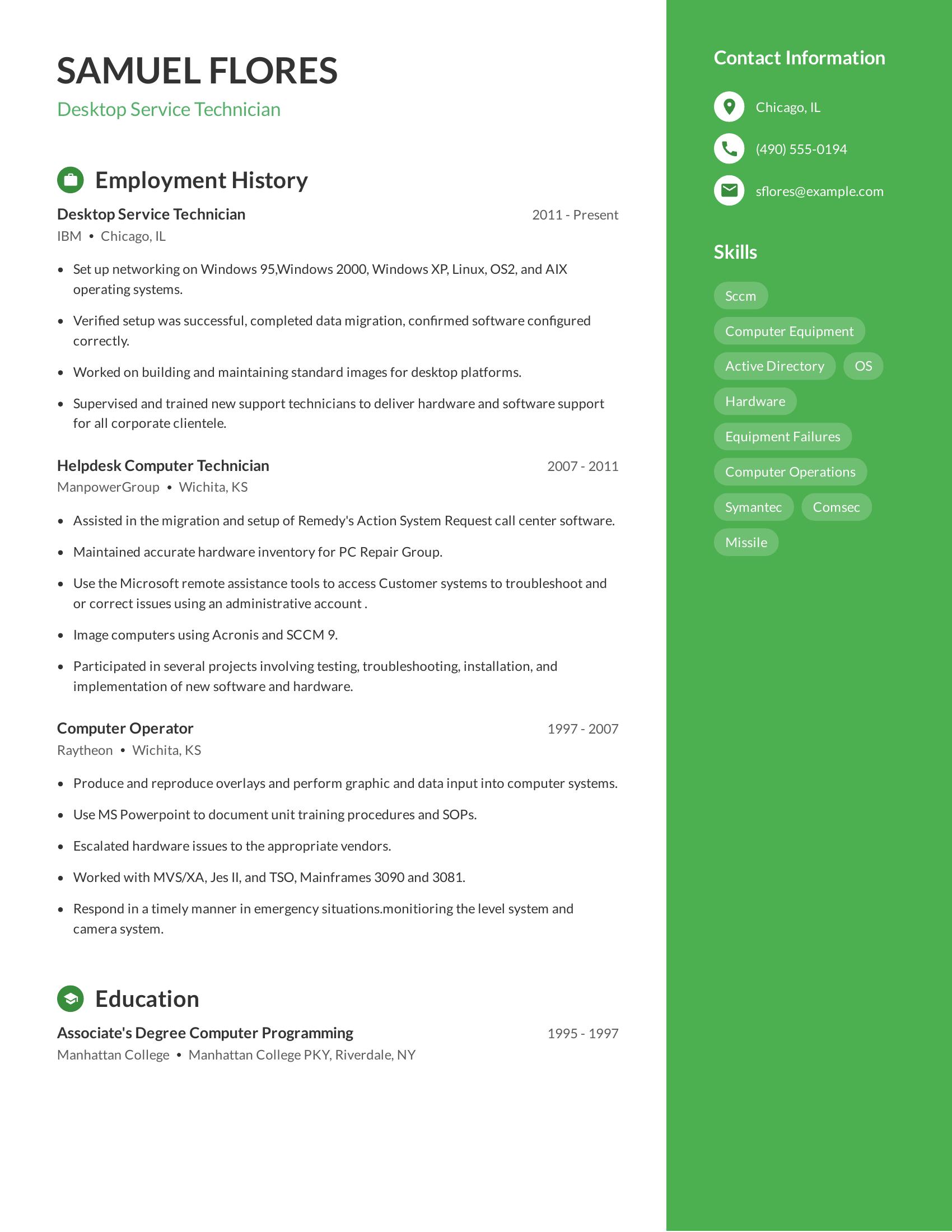 Desktop Service Technician resume example