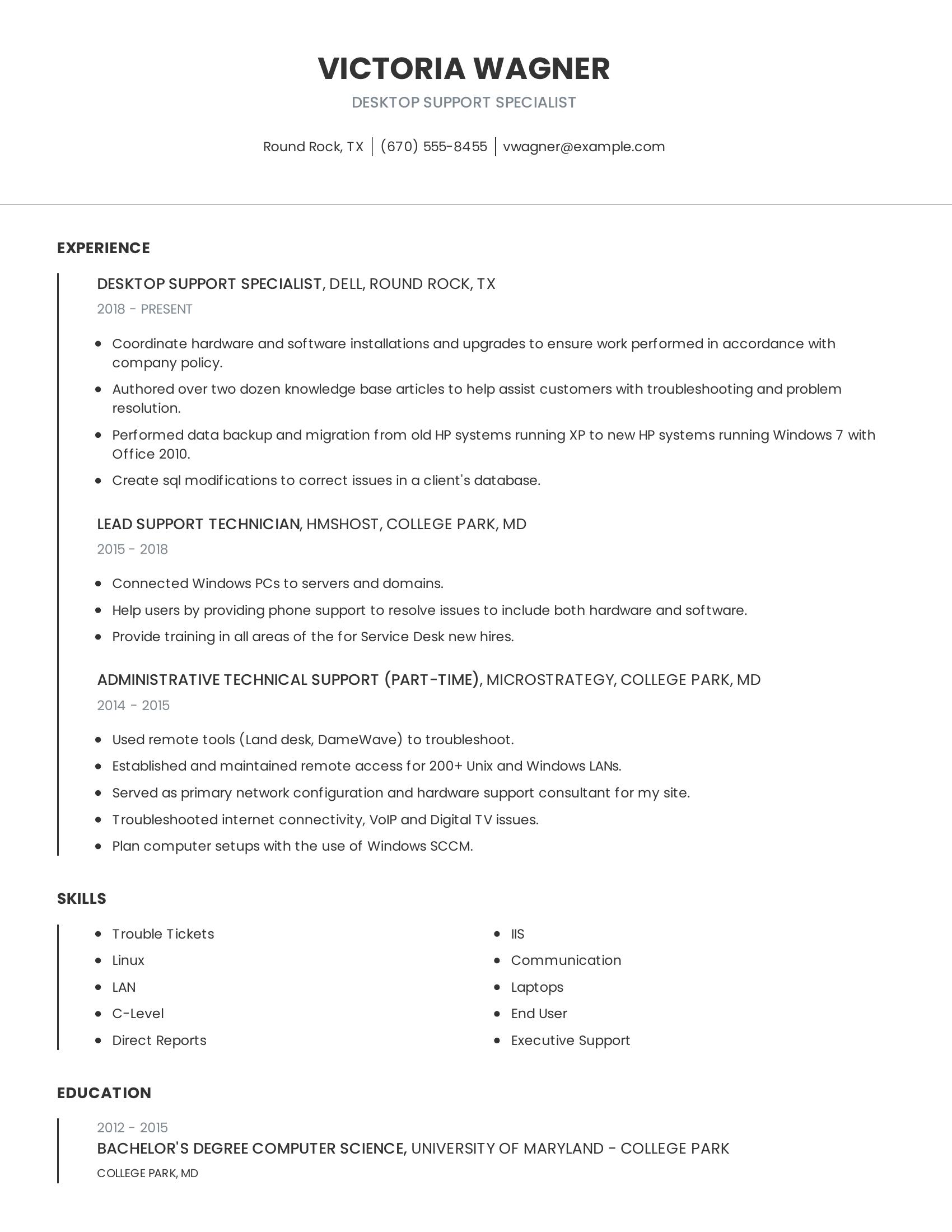 Desktop Support Specialist resume example