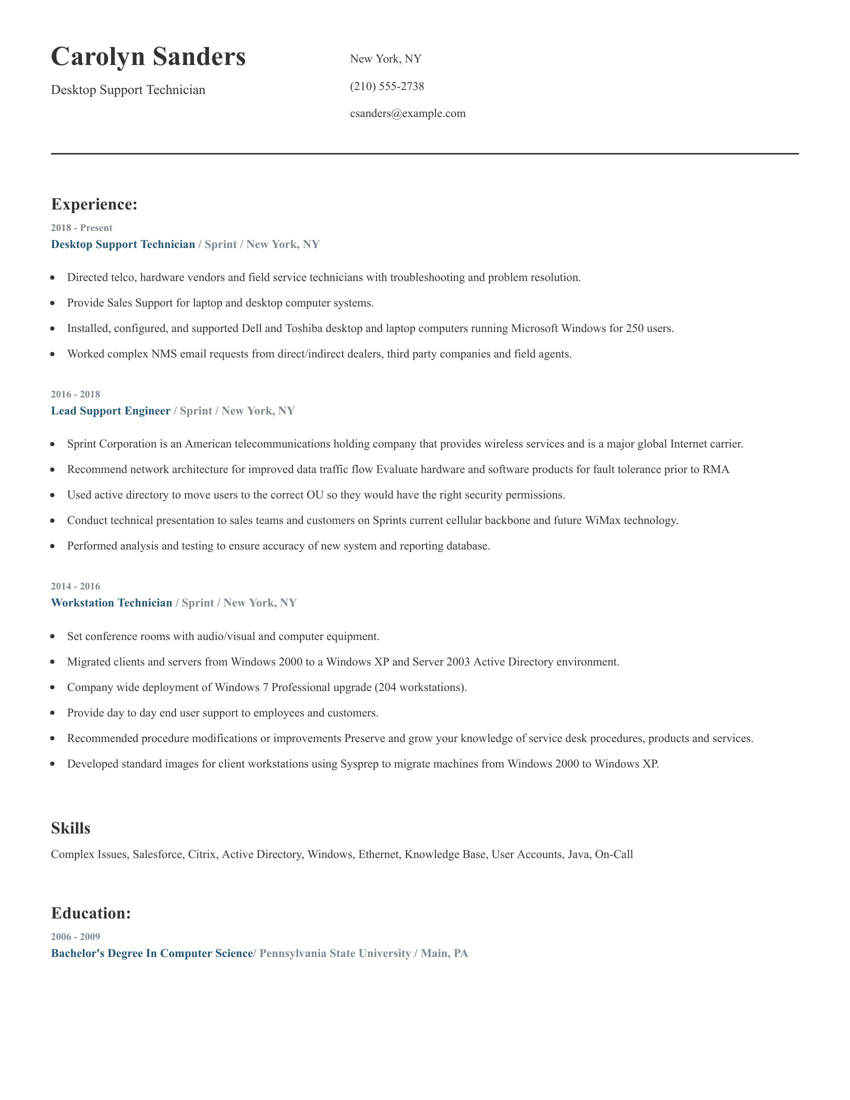 Desktop Support Technician resume example